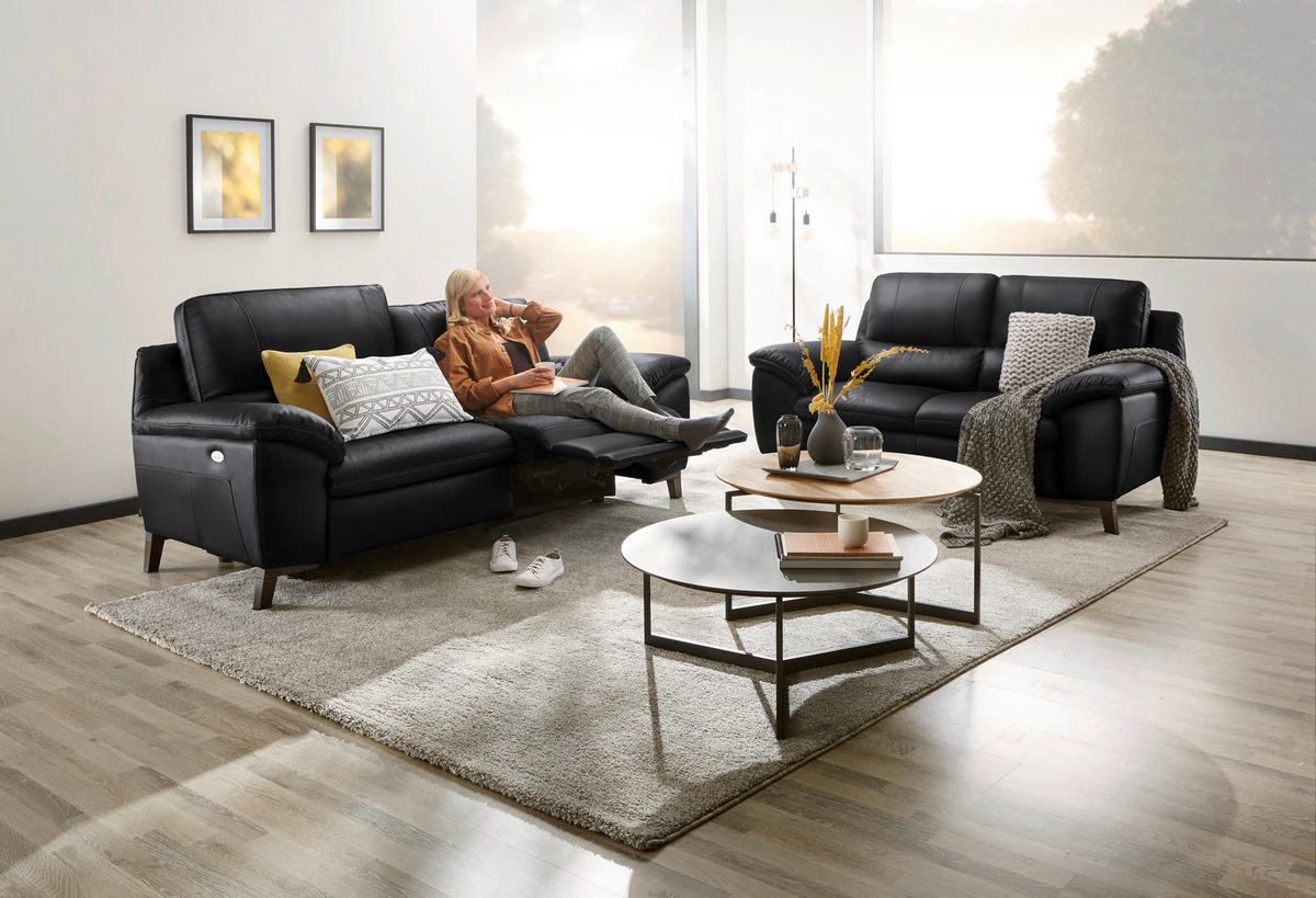 2,5-SITZER in Kombination Echtleder/Lederlook Schwarz  - Wengefarben/Schwarz, Design, Leder/Holz (216/97/95-151cm) - Livetastic