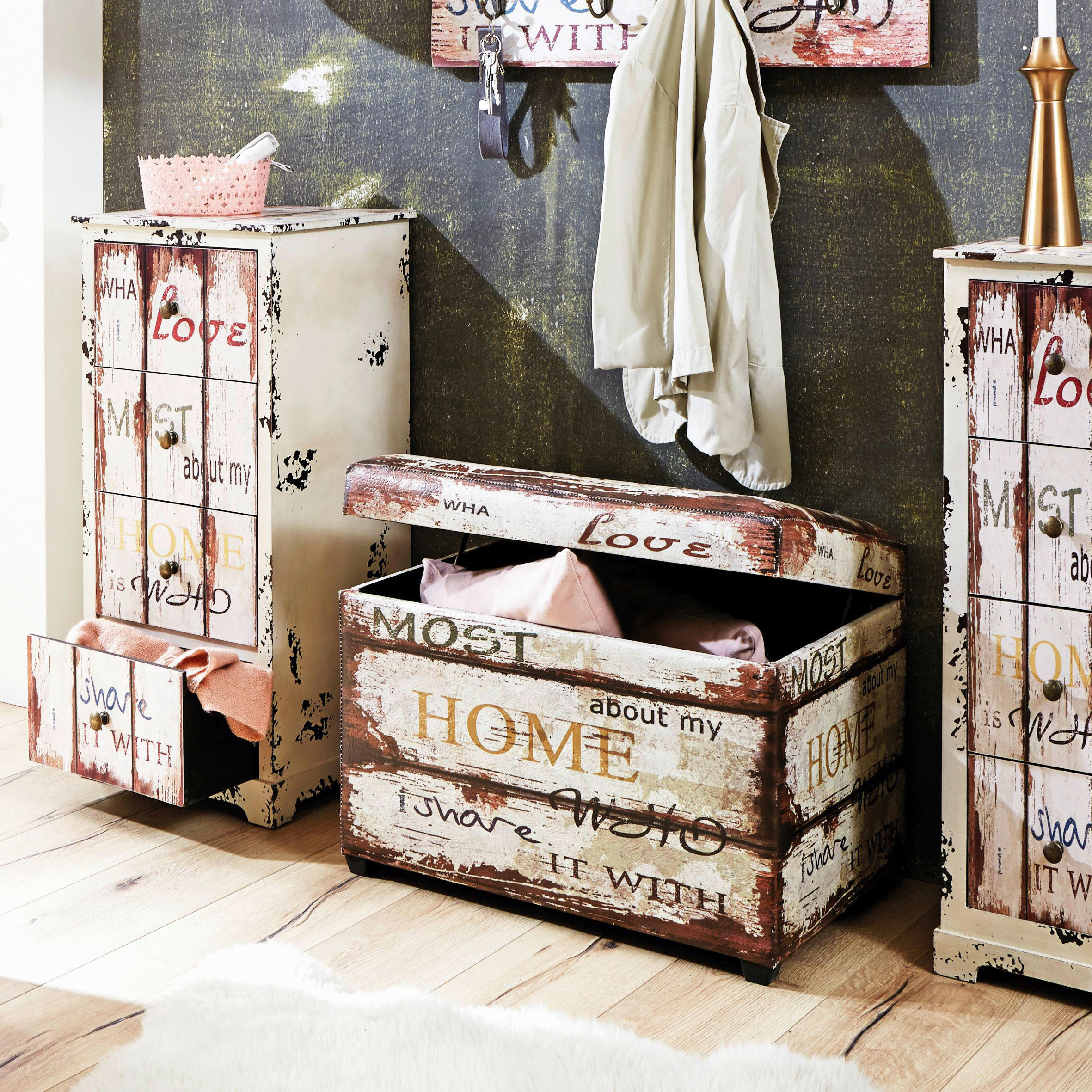 Thumbnail - Truhenbank, Braun, Beige, Textil, Vintage, 58x42x39 cm, Esszimmer, Bänke, Sitzbänke