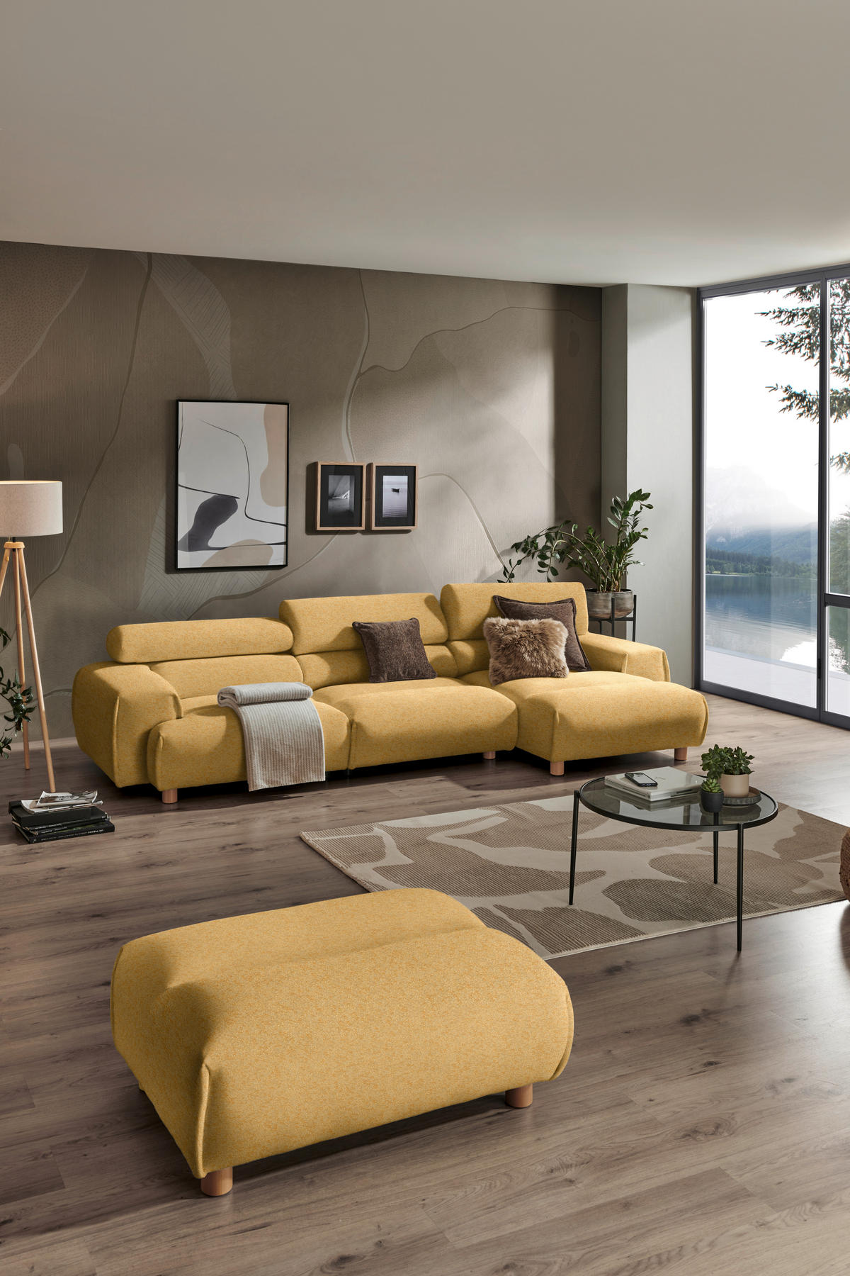 ECKSOFA in Velours Currygelb  - Currygelb/Buchefarben, Design, Holz/Textil (329/150cm) - Lomoco