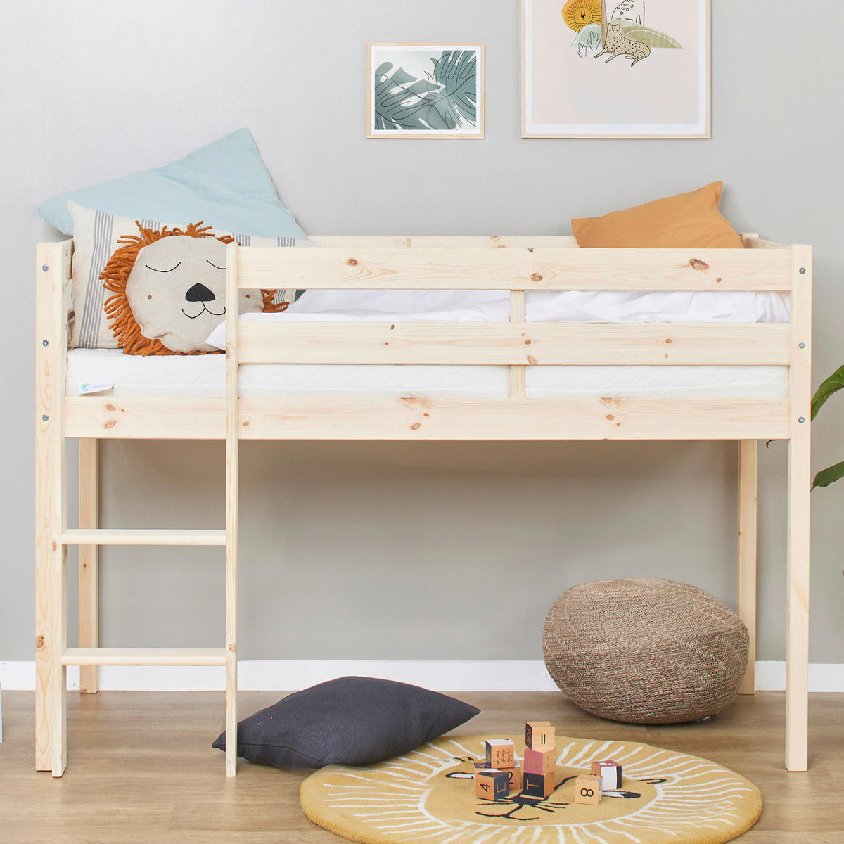 HOCHBETT 70/160 cm,  in Kieferfarben, Leiter, Matratze, Rollrost  - Weiß/Naturfarben, MODERN, Holz/Kunststoff (70/160cm) - MID.YOU