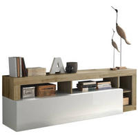 TV DIEL, farba duba, biela s vysokým leskom, 184/58/42 cm - biela s vysokým leskom/farba duba, Modern, kompozitné drevo (184/58/42cm) - Carryhome