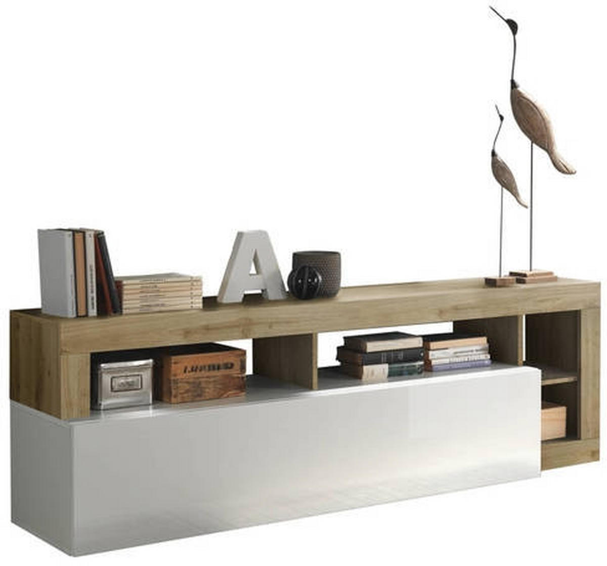 TV DIEL, farba duba, biela s vysokým leskom, 184/58/42 cm - biela s vysokým leskom/farba duba, Modern, kompozitné drevo (184/58/42cm) - Carryhome