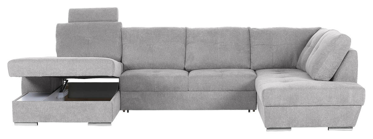 WOHNLANDSCHAFT in Flachgewebe Hellgrau  - Chromfarben/Hellgrau, Konventionell, Kunststoff/Textil (180/338/217cm) - Hom`in