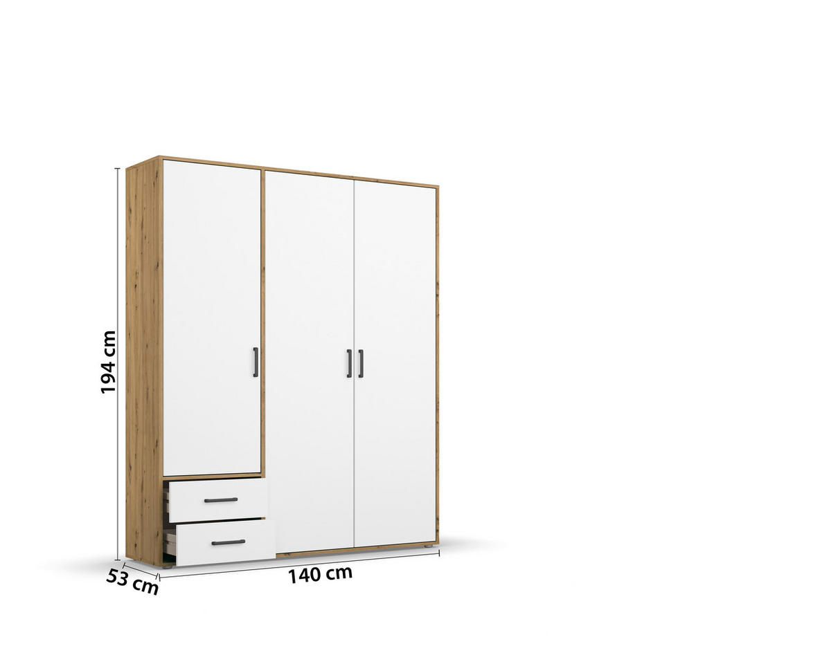 GARDEROB MED GÅNGJÄRN 140/194/53 cm 3-dörrar - vit/grå, Modern, trämaterial/plast (140/194/53cm) - Rauch Möbel