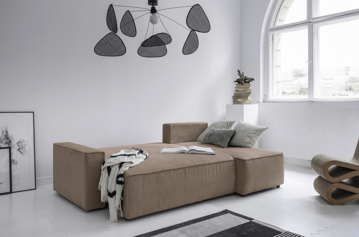 ECKSOFA in Cord Taupe  - Taupe/Schwarz, Design, Kunststoff/Textil (250/156cm) - MID.YOU