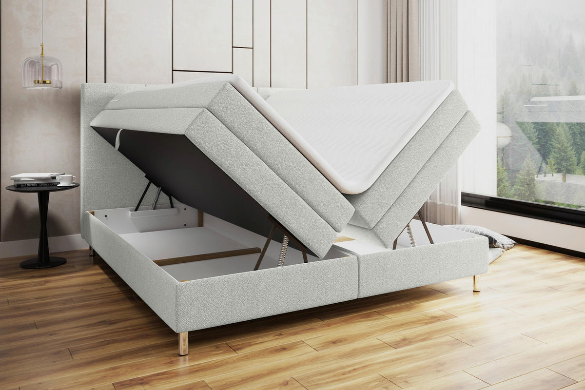 BOXSPRINGBETT 200/200 cm,  in Hellgrau, Bettkasten, Topper, Matratzen, H3 = fest  - Chromfarben/Hellgrau, KONVENTIONELL, Kunststoff/Textil (200/200cm) - Boxxx