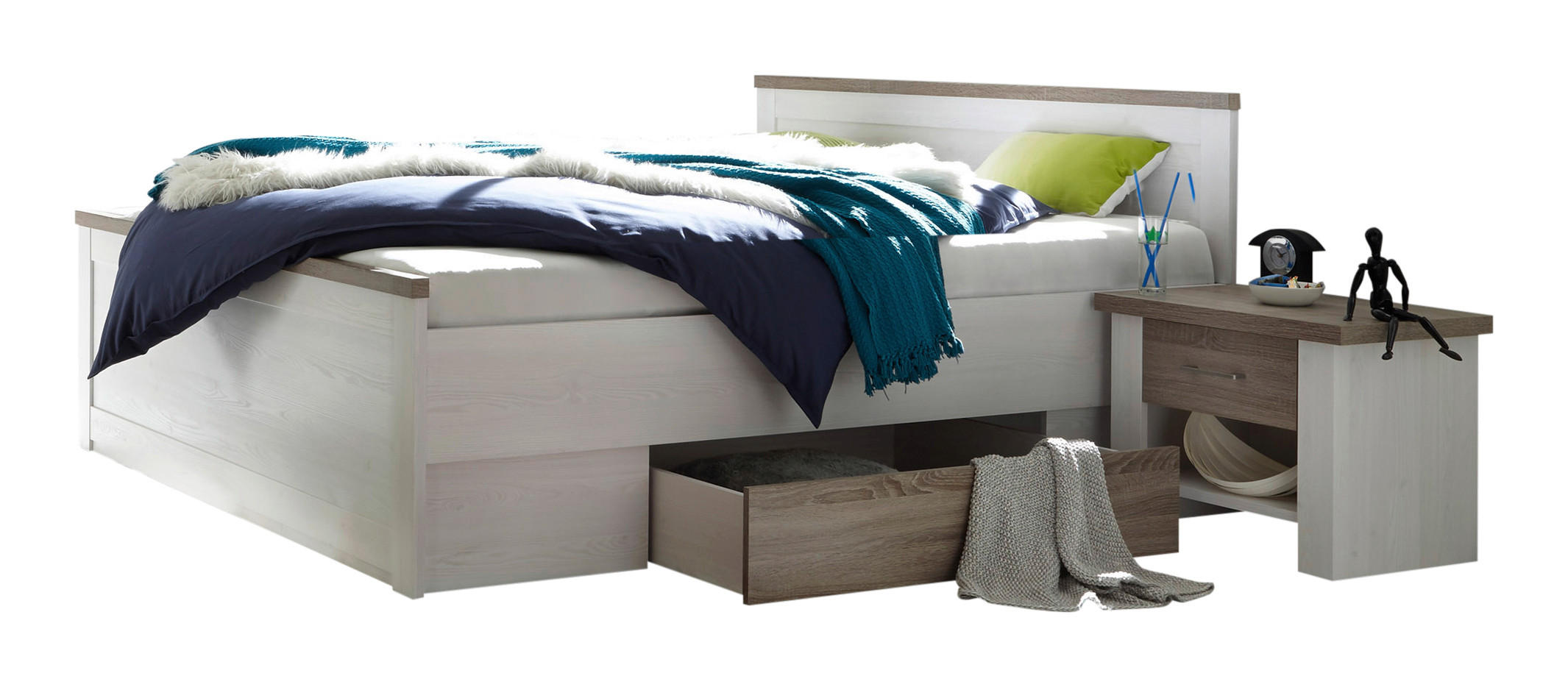 Set Pat Cu Noptiere, alb, culoare lemn stejar