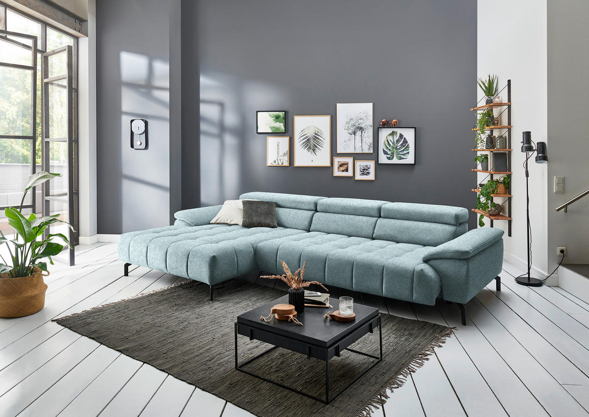 ECKSOFA in Chenille Hellblau  - Schwarz/Hellblau, Design, Textil/Metall (190/329cm) - Beldomo Style