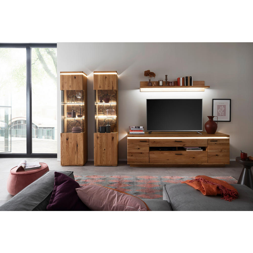 Thumbnail - Linea Natura Wohnwand, Grau, Eiche, Metall, 4-teilig, Balkeneiche, massiv, furniert, 8x Holz/ 4x Glas Fächer, 2 Schublad...