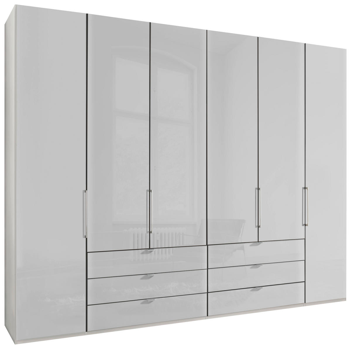 FALTTÜRENSCHRANK 300/216/58 cm 6-türig Weiß  - Chromfarben/Weiß, KONVENTIONELL, Glas/Holzwerkstoff (300/216/58cm) - Dieter Knoll