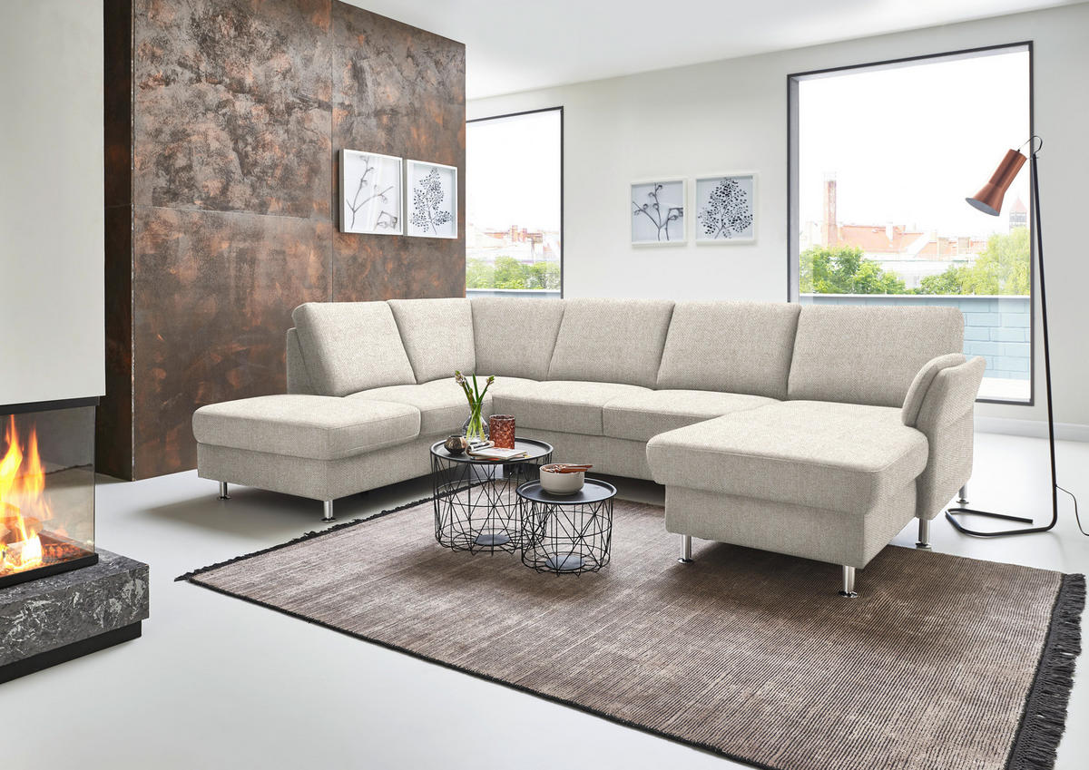 WOHNLANDSCHAFT in Flachgewebe Beige  - Chromfarben/Beige, Konventionell, Textil/Metall (200/305/168cm) - Beldomo System