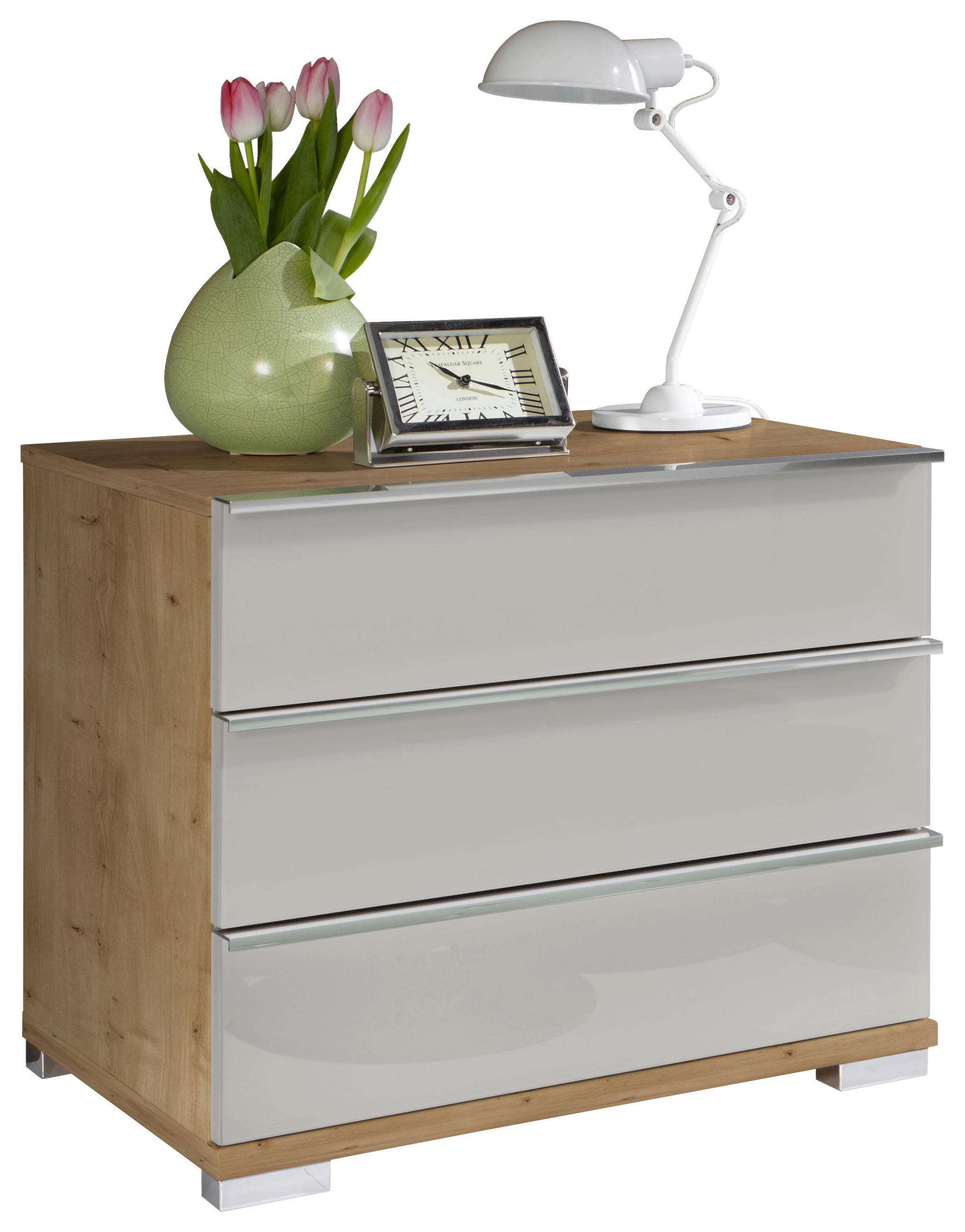 NACHTKÄSTCHEN in Weiß, Eiche Bianco  - Chromfarben/Eiche Bianco, Basics, Glas/Holzwerkstoff (60/53/42cm) - Venda