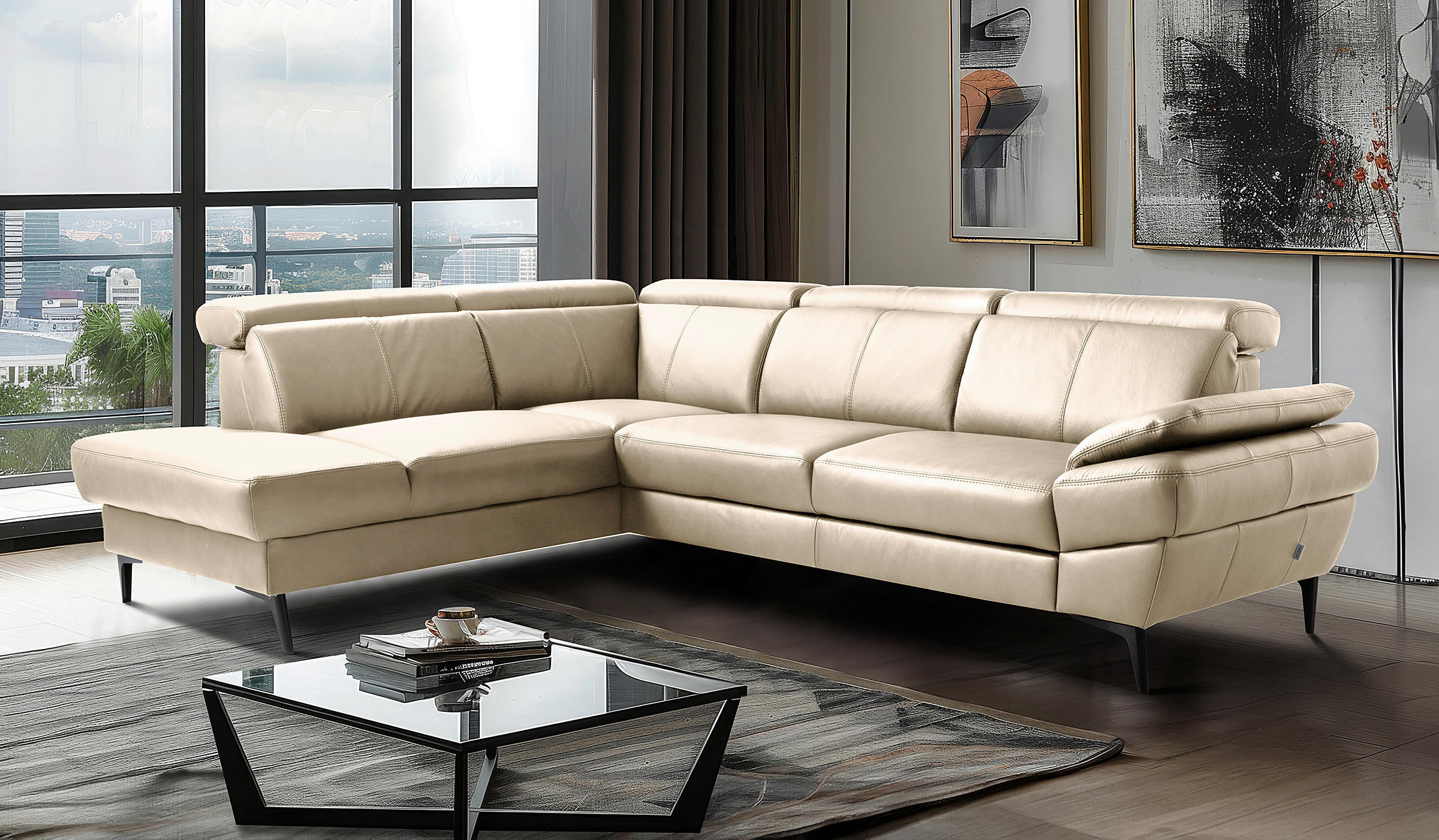 ECKSOFA Grau Echtleder Lederlook Bettkasten, Schlaffunktion, Rücken echt, Armteilverstellung, Kopfteilverstellung  - Schwarz/Grau, Design, Leder/Textil (211/264cm) - Livetastic