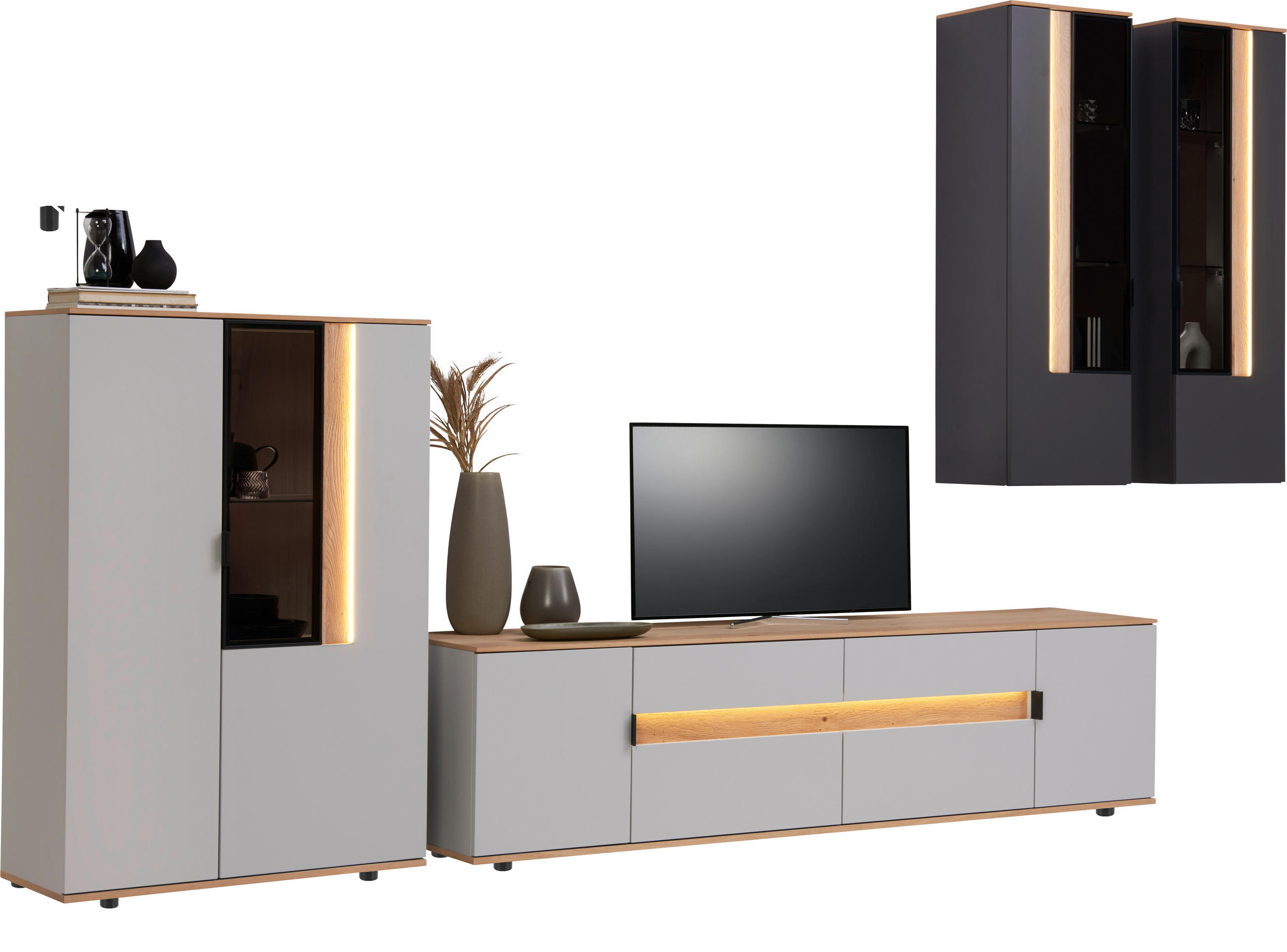 WOHNWAND CREMONA 4-teilig  in Anthrazit, Eichefarben, Hellgrau    - Eichefarben/Anthrazit, Design, Glas/Holz (384,4/206/48cm) - Dieter Knoll