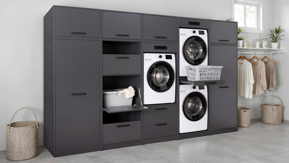 WÄSCHESCHRANK 67/164/68 cm  in Anthrazit  - Anthrazit/Schwarz, MODERN, Holzwerkstoff/Metall (67/164/68cm) - home24