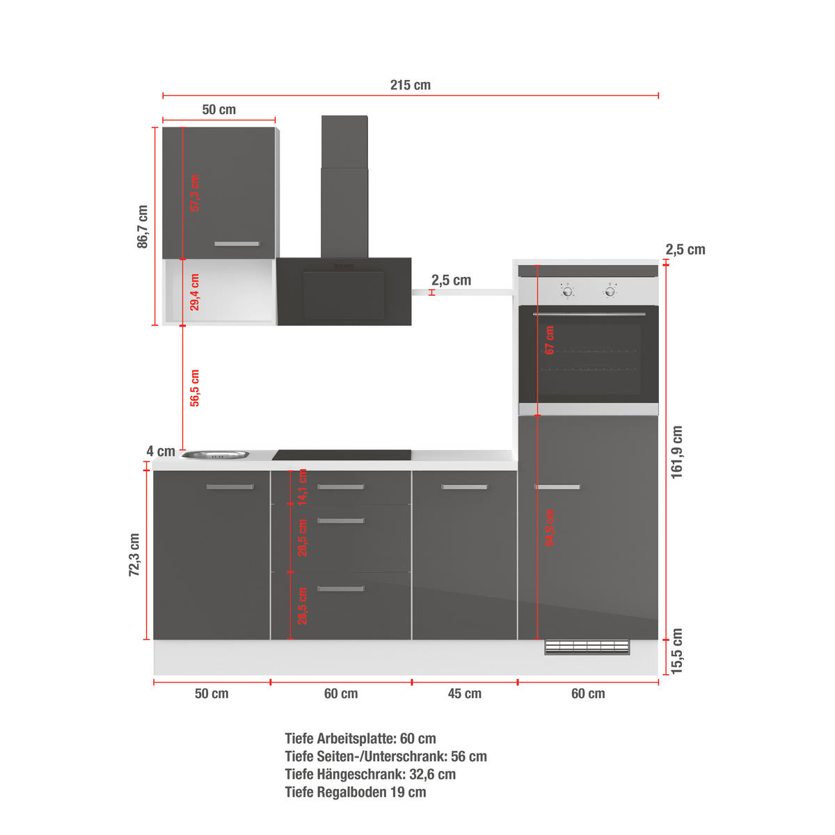 KÜCHENBLOCK 215 cm   in Rot, Weiß  - Edelstahlfarben/Rot, Trend, Holzwerkstoff/Metall (215cm) - Impuls