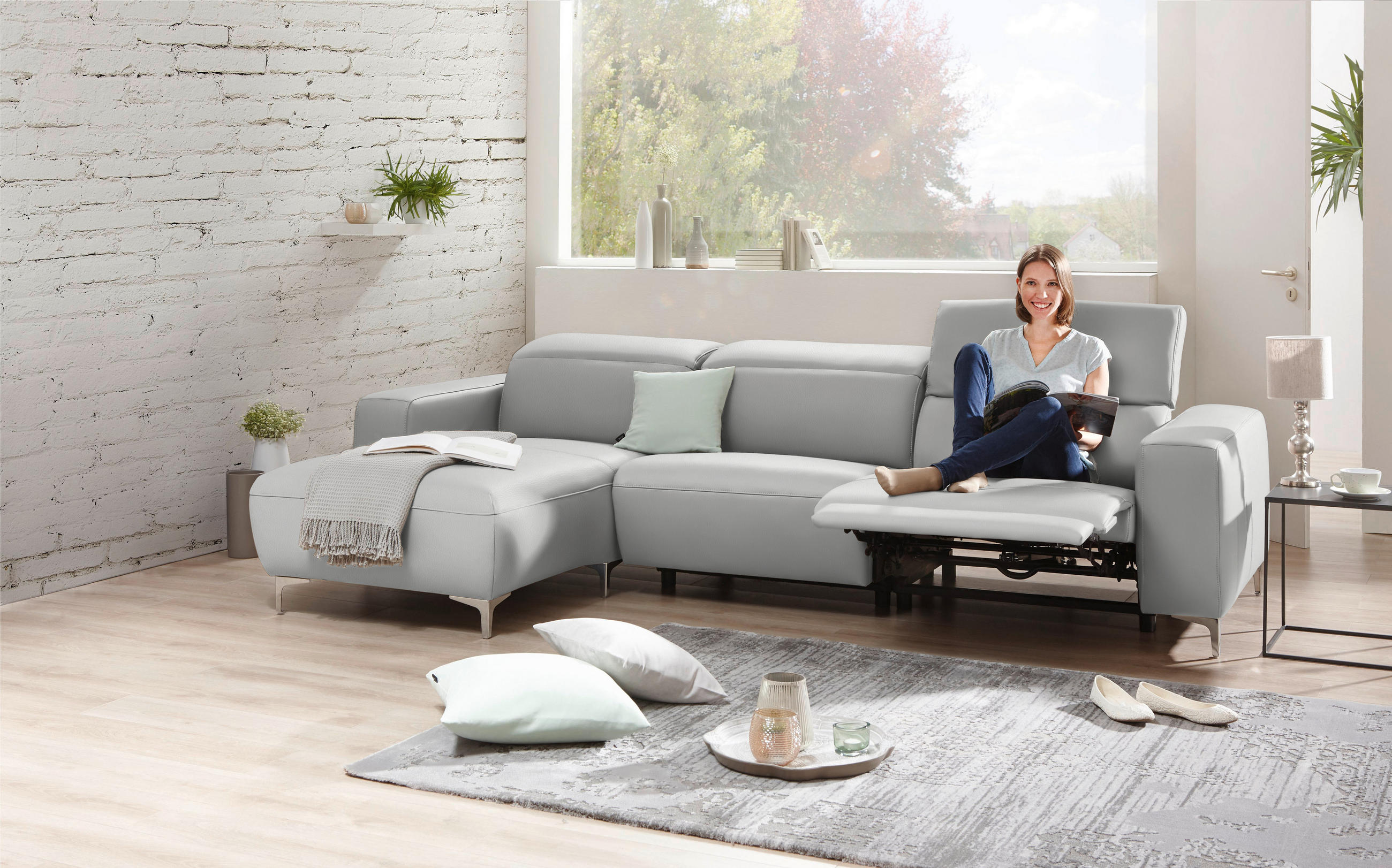 SEDEŽNA GARNITURA, pravo usnje svetlo siva  - barve kroma/svetlo siva, Design, kovina/usnje (177/292cm) - Pure Home Lifestyle