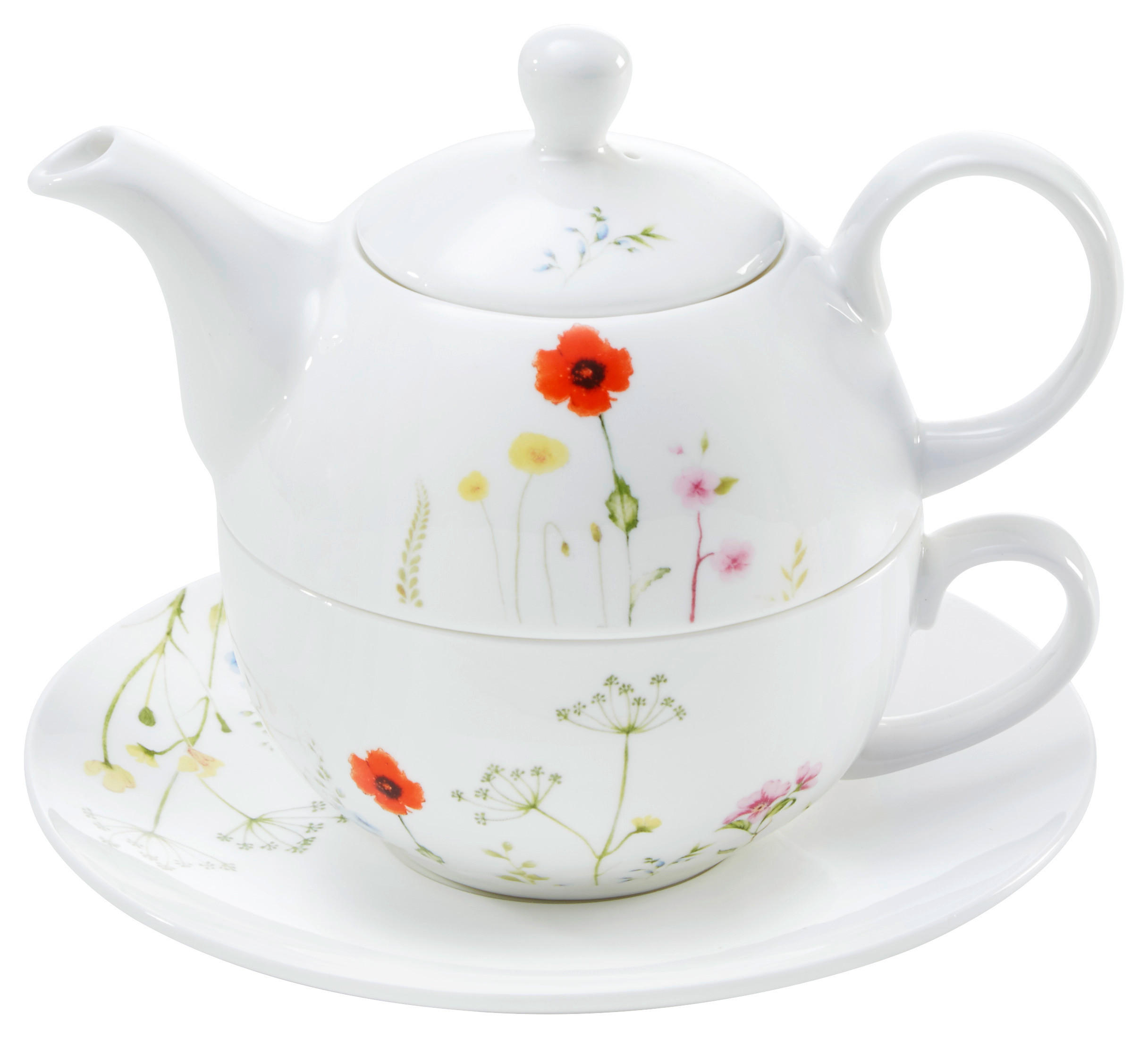 Ett tea-for-one set som består av en tekanna, ett fat och en tekopp. Setet har ett fint blomstermönster
