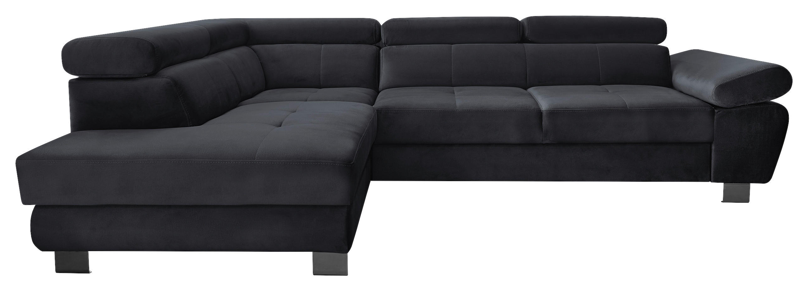 ECKSOFA Schwarz Webstoff Bettkasten, Schlaffunktion, Rücken echt, Armteilverstellung, Kopfteilverstellung  - Chromfarben/Schwarz, MODERN, Textil/Metall (205/278cm) - Stylife