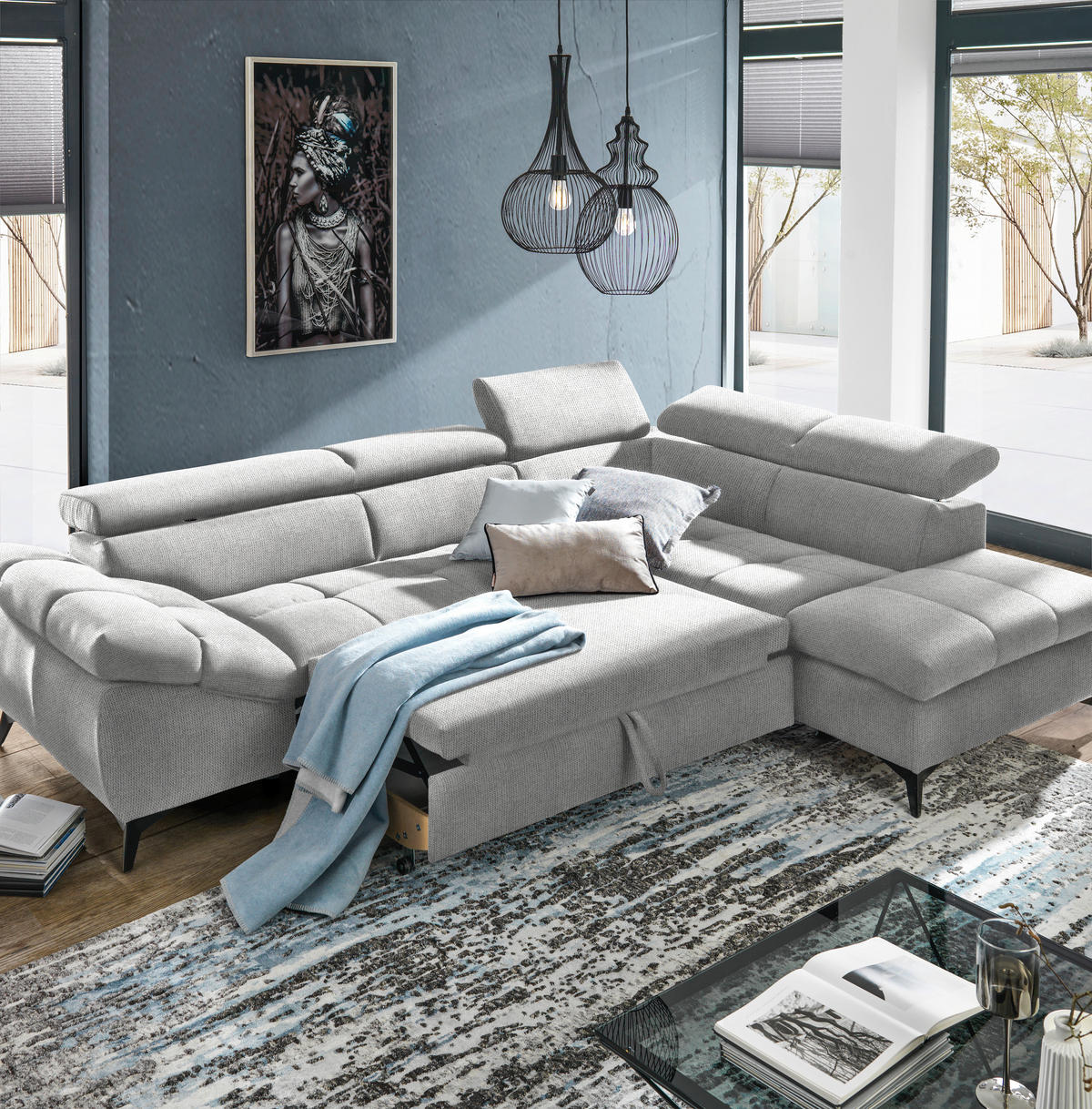 ECKSOFA mit Funkion Hellgrau Mikrofaser  - Hellgrau/Schwarz, Design, Kunststoff/Textil (279/210cm) - Stylife