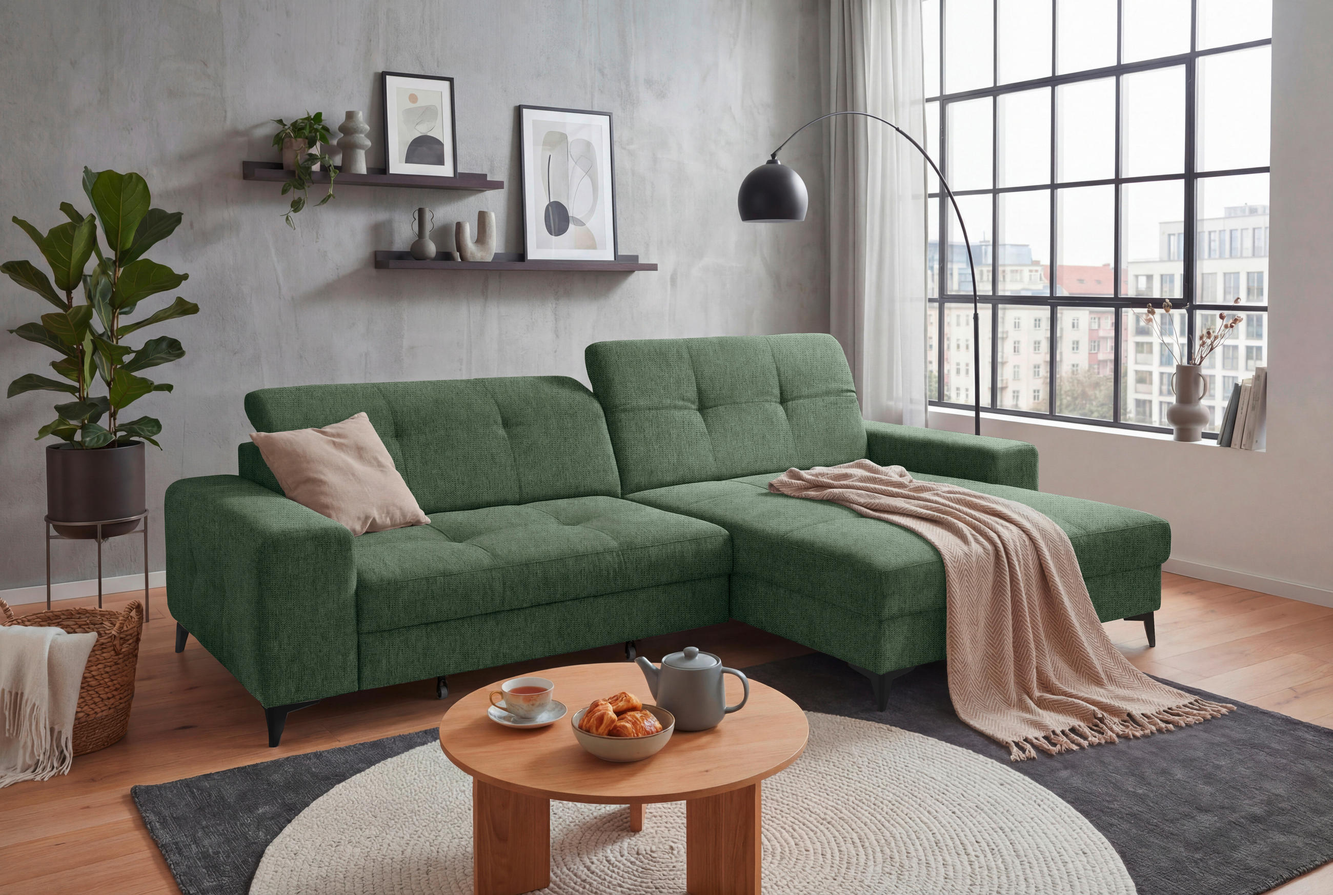 ECKSOFA SORELLA Dunkelgrün Mikrovelours Kopfteilverstellung, Sitztiefenverstellung  - Dunkelgrün/Schwarz, Design, Kunststoff/Textil (328/182cm) - MID.YOU