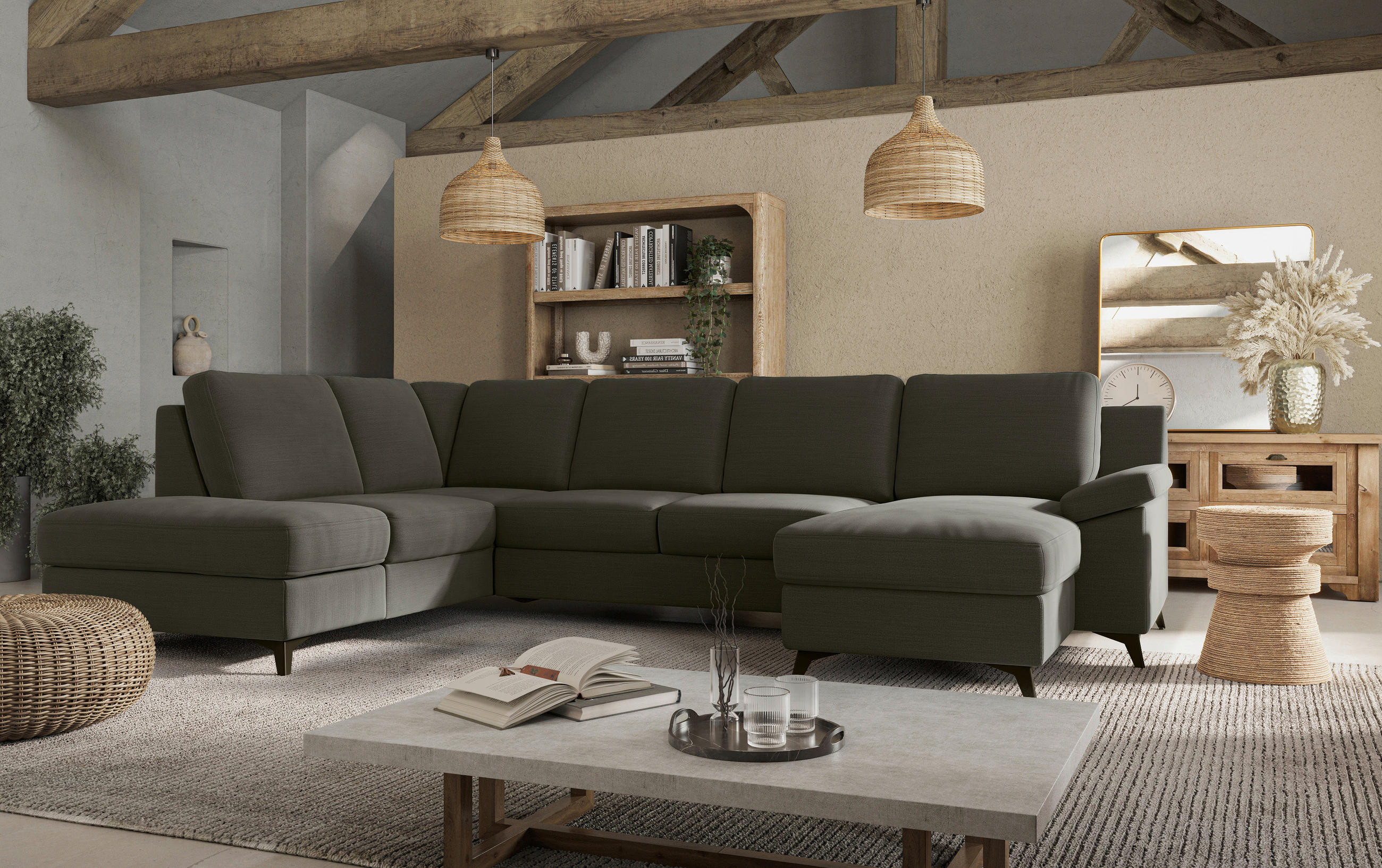 Thumbnail - Cotta Wohnlandschaft, Dunkelgrün, Textil, 6-Sitzer, Ottomane rechts, Ottomane links, U-Form, 309x204 cm, Made in EU, Sto...