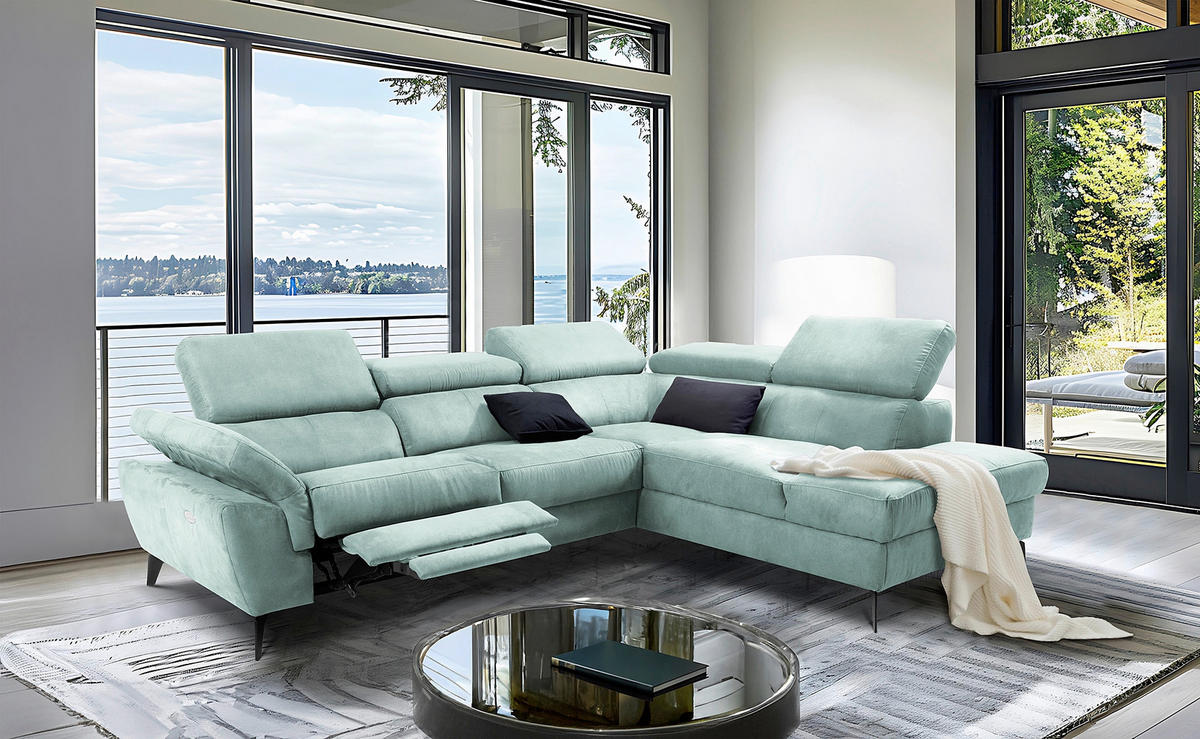 ECKSOFA SONO in Lederlook Hellblau Bettkasten, Armteilverstellung, Kopfteilverstellung  265/210 cm  - Schwarz/Hellblau, Design, Textil/Metall (265/210cm) - Livetastic
