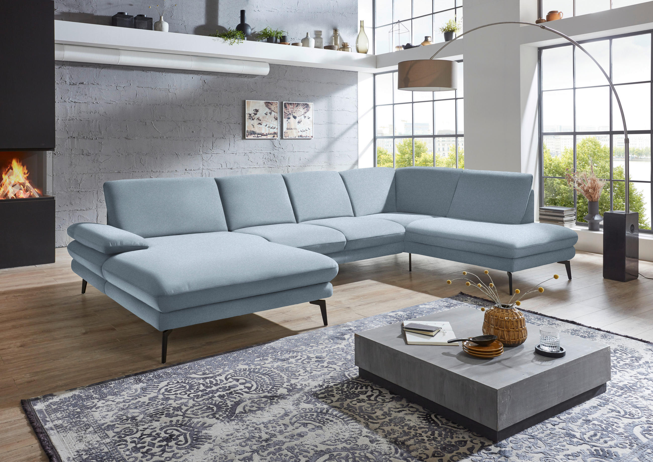 WOHNLANDSCHAFT Hellblau Webstoff  - Schwarz/Hellblau, Design, Textil/Metall (180/344/208cm) - Dieter Knoll