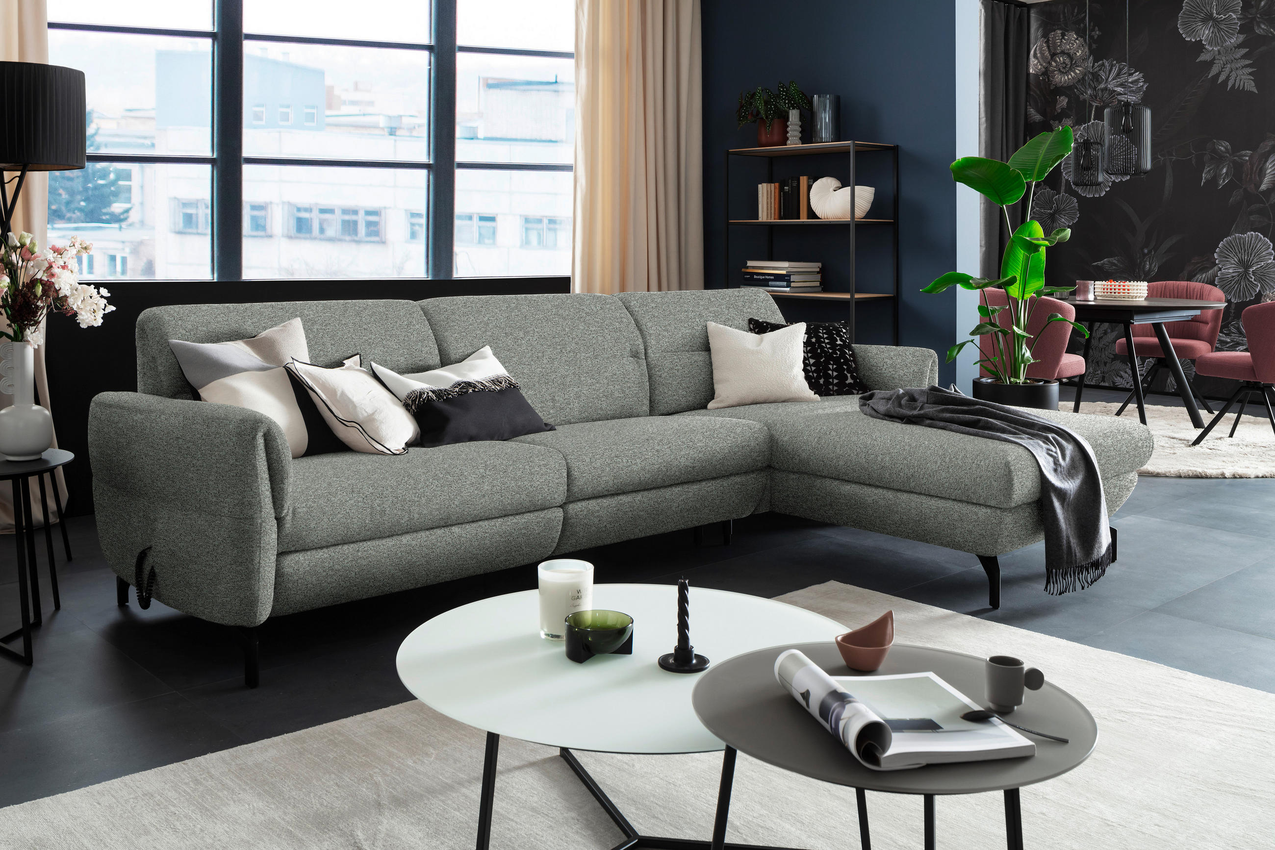 ECKSOFA in Chenille Graublau  299/187 cm  - Graublau/Schwarz, Design, Textil/Metall (299/187cm) - Schöner Wohnen