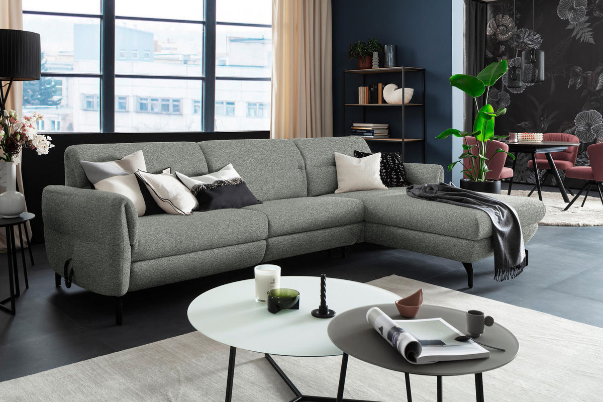 ECKSOFA in Chenille Graublau  299/187 cm  - Graublau/Schwarz, Design, Textil/Metall (299/187cm) - Schöner Wohnen