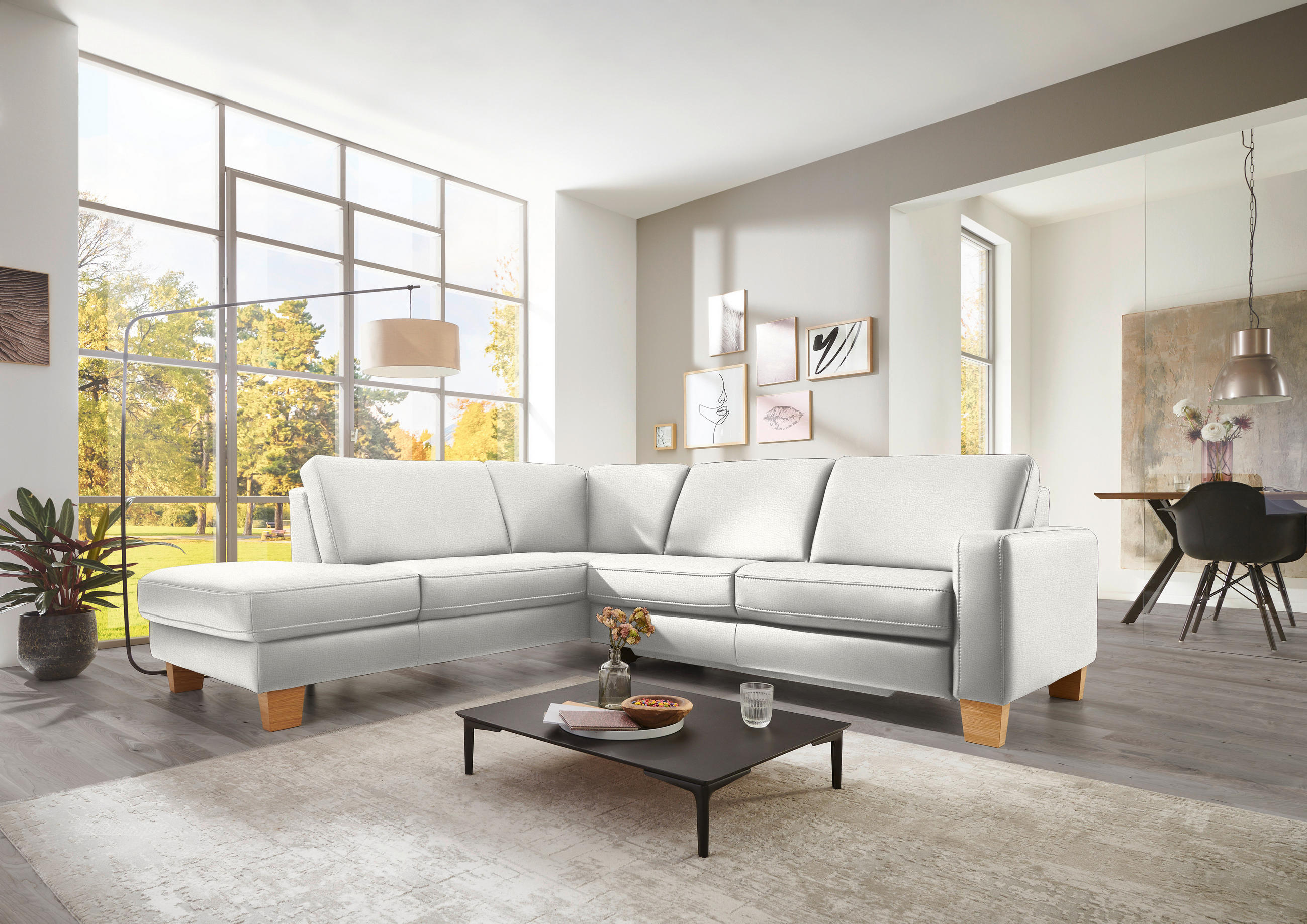 ECKSOFA in Echtleder Weiss  - Eiche Bianco/Weiss, Konventionell, Leder/Holz (235/257cm) - Valdera