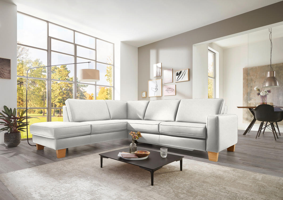 ECKSOFA in Echtleder Weiss  - Eiche Bianco/Weiss, Konventionell, Leder/Holz (235/257cm) - Valdera