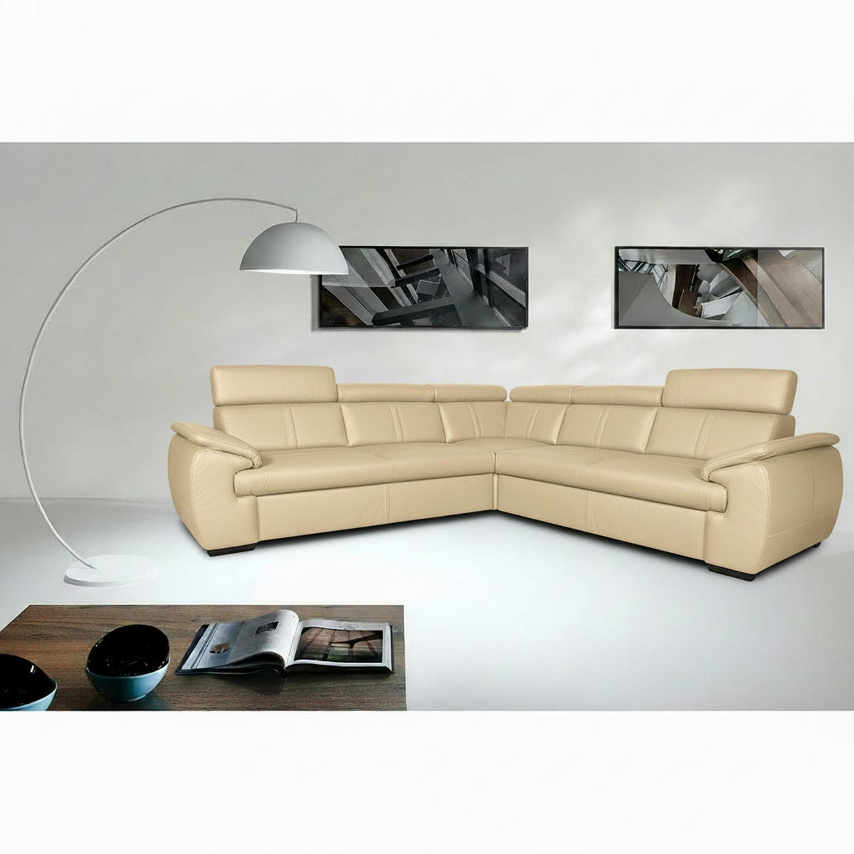 ECKSOFA  in Echtleder Beige  265/265 cm  - Wengefarben/Beige, Design, Leder/Holz (265/265cm) - Livetastic