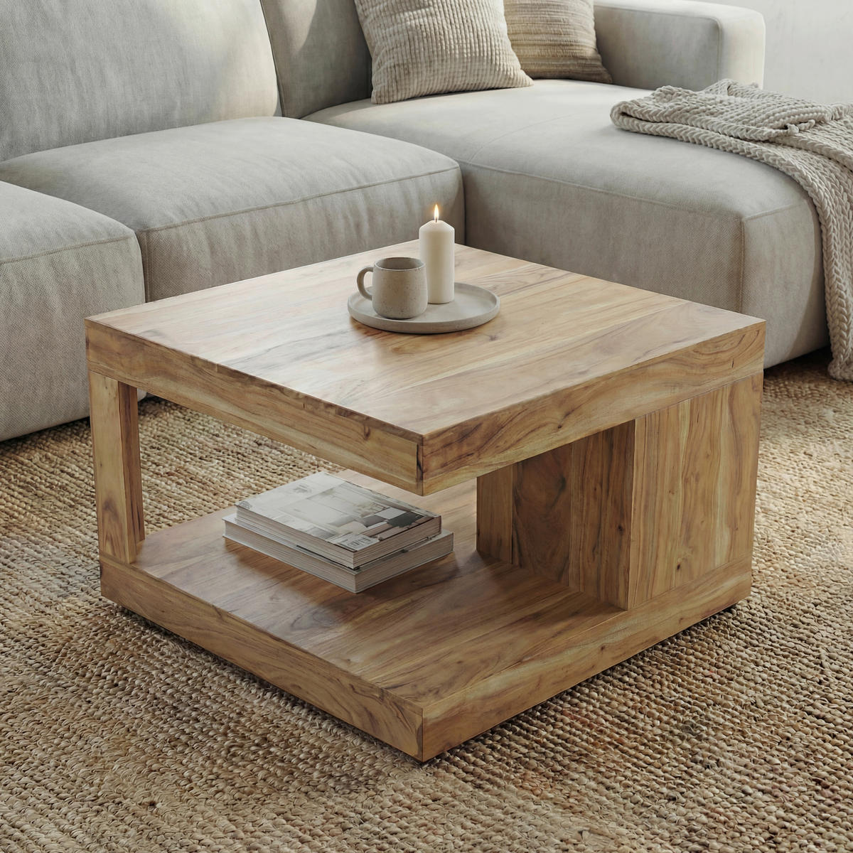 COUCHTISCH Akazie massiv 60/60/40 cm quadratisch Akaziefarben  - Akaziefarben, Design, Holz (60/60/40cm) - Livetastic