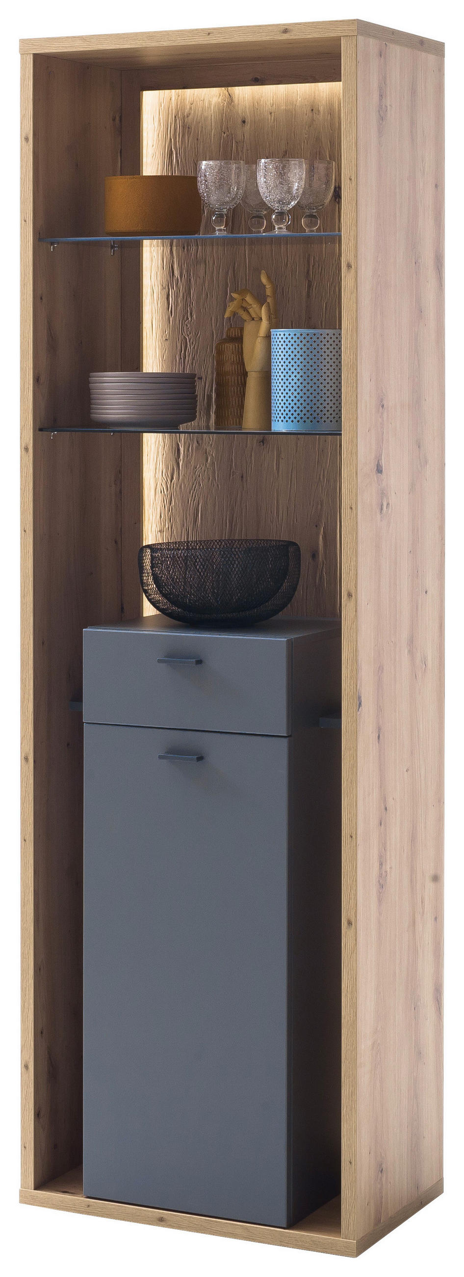 Thumbnail - Mid.you Vitrine Colombo, Grau, Eiche, Metall, 3 Fächer, 1 Schubladen, 66x209x40 cm, Made in EU, Wohnzimmer, Wohnwände, V...