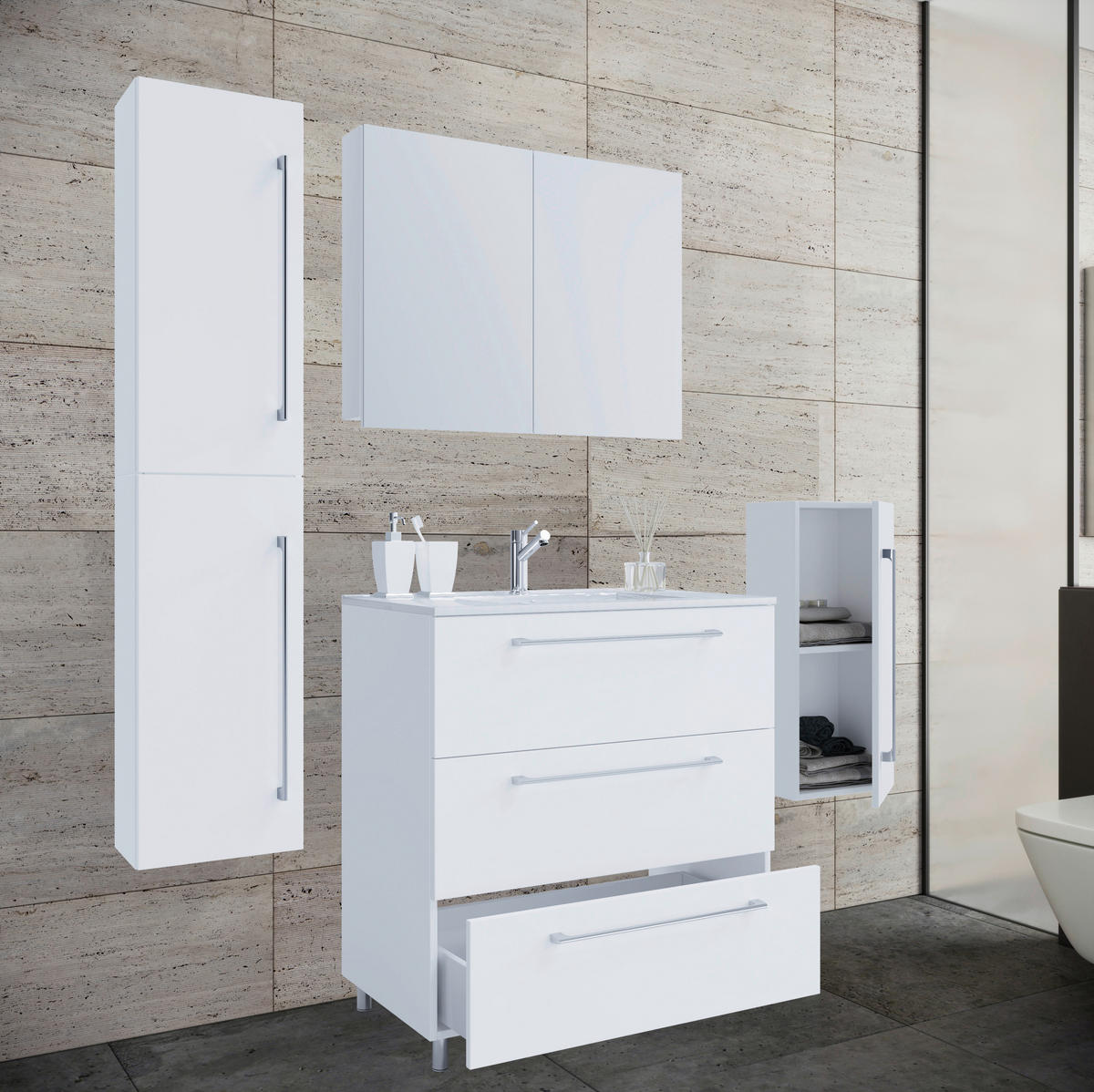BADEZIMMER 5-teilig  in 146 cm  - Weiss/Alufarben, Modern, Keramik/Holzwerkstoff (146cm) - MID.YOU