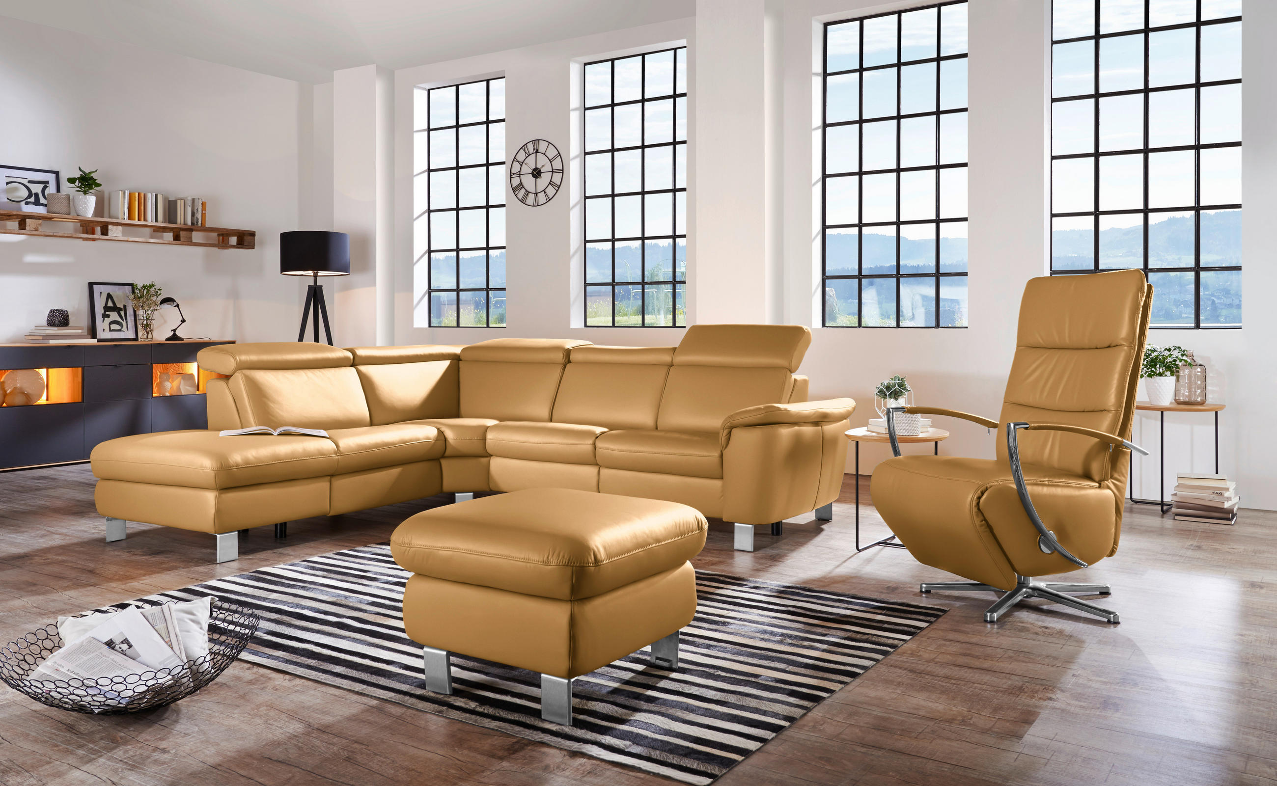 ECKSOFA in Echtleder Cognac  - Cognac/Alufarben, Design, Leder/Metall (239/271cm) - Cantus
