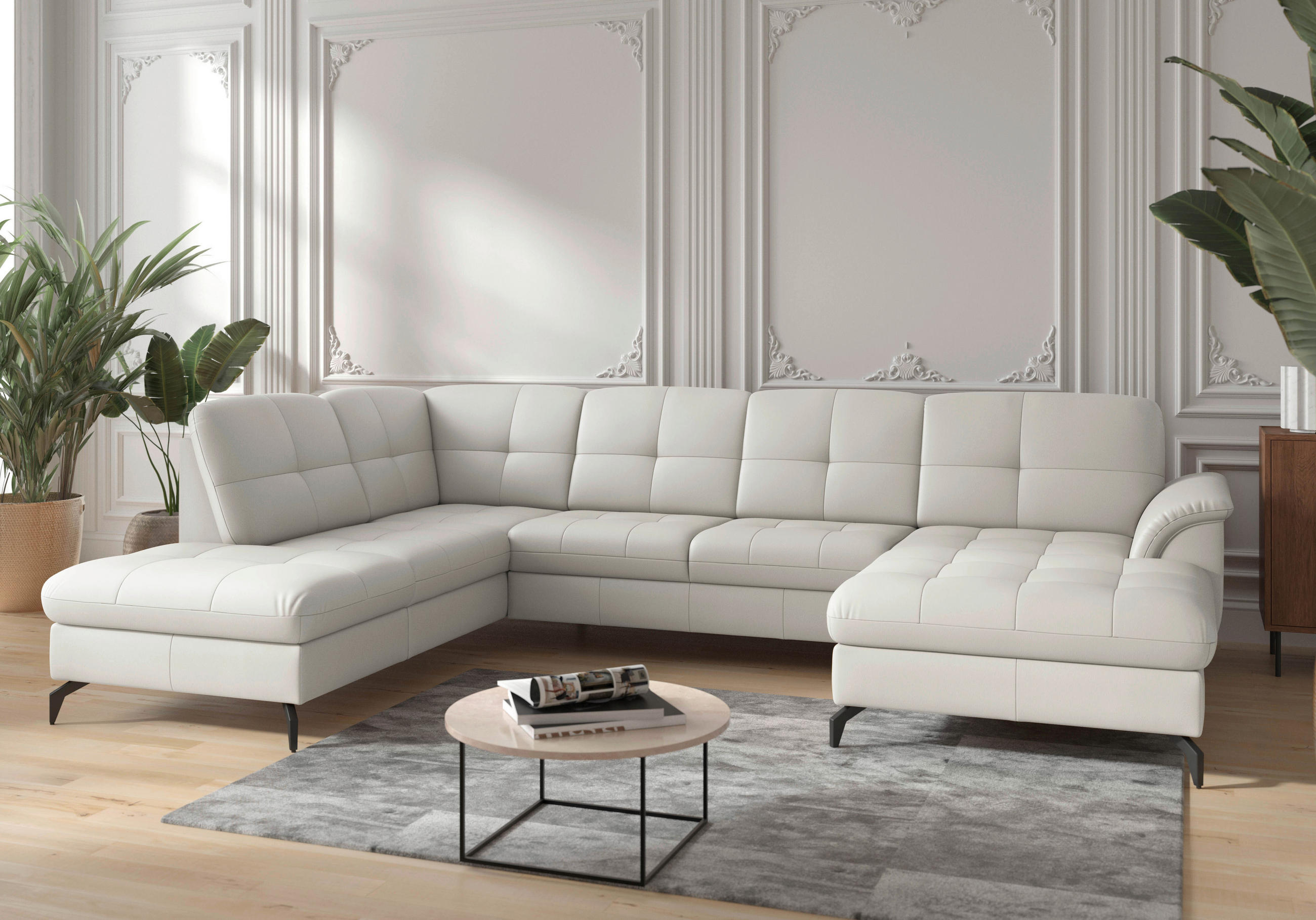 WOHNLANDSCHAFT Weiß Echtleder - Schwarz/Weiß, MODERN, Leder/Metall (212/319/164cm) - Sit & More