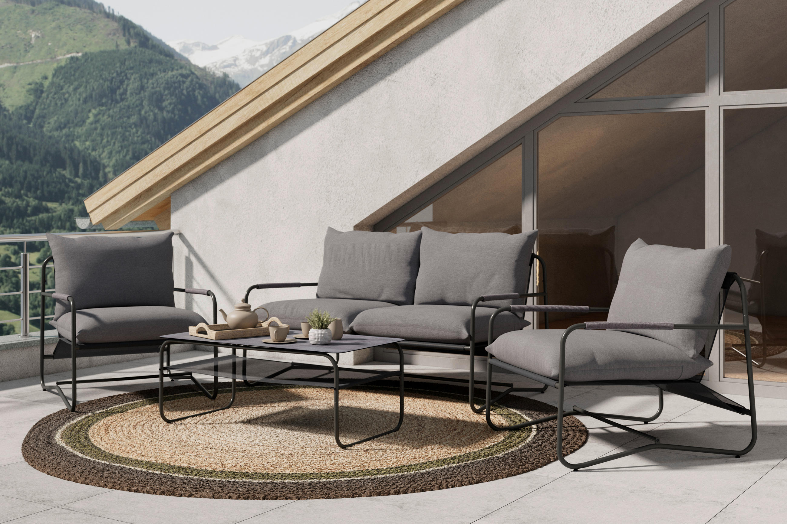 KERTI BÚTORSZETT  - antracit/szürke, Design, Üveg/textil - Ambia Garden