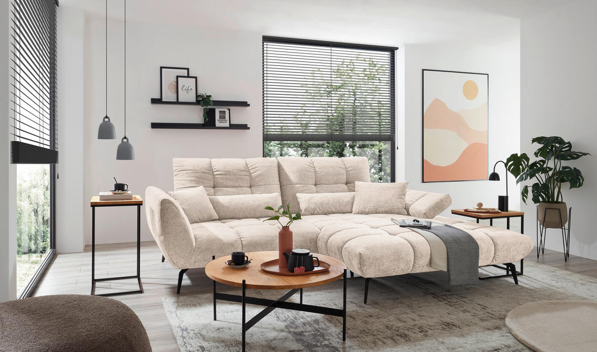 ECKSOFA Naturfarben Flachgewebe Rücken echt, Sitztiefenverstellung  - Schwarz/Naturfarben, KONVENTIONELL, Textil/Metall (273/211cm) - SetOne by Musterring