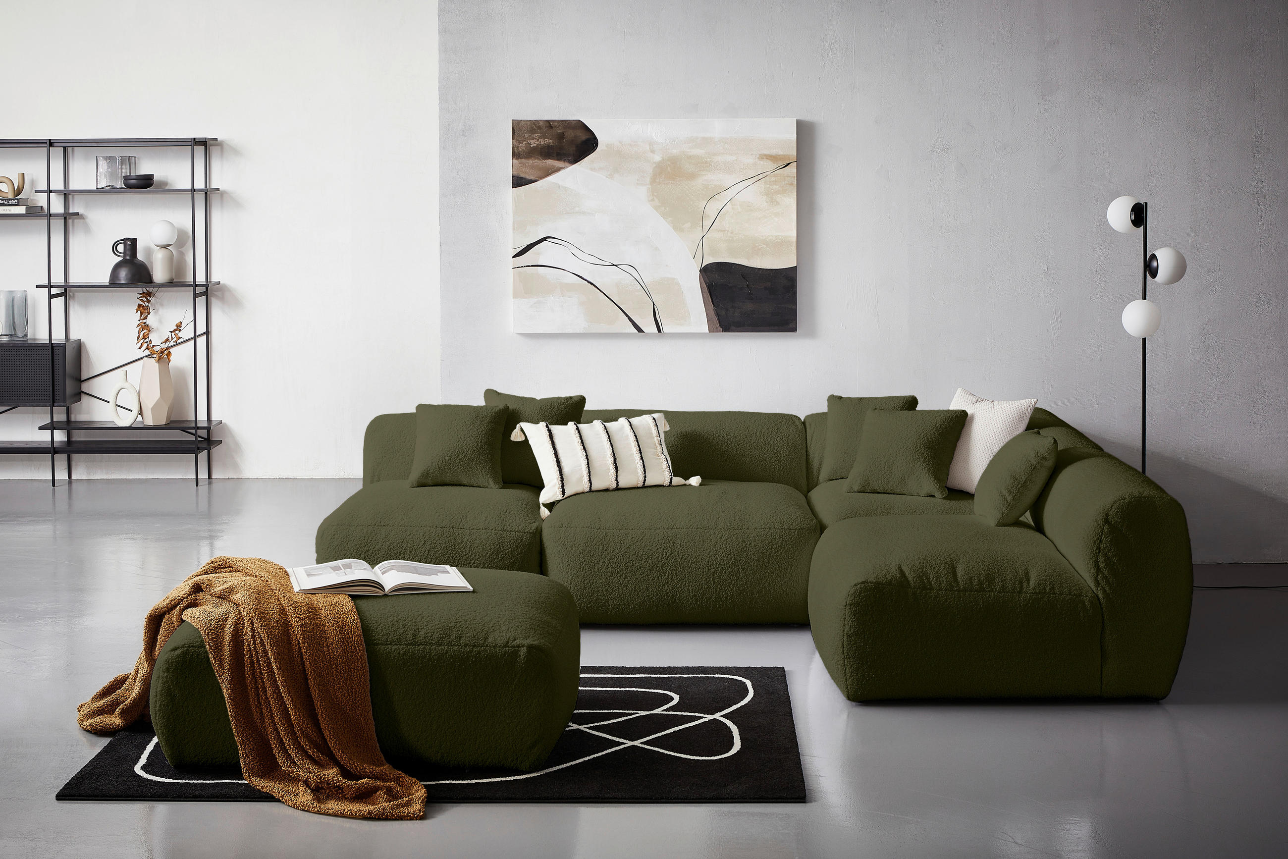 ECKSOFA inkl. Hocker in Flachgewebe, Teddystoff Olivgrün  - Olivgrün, Trend, Textil (300/215cm) - Livetastic