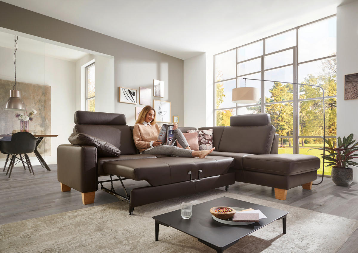 ECKSOFA Echtleder Dunkelbraun  - Eiche Bianco/Dunkelbraun, Natur, Leder/Holz (257/235cm) - Valdera