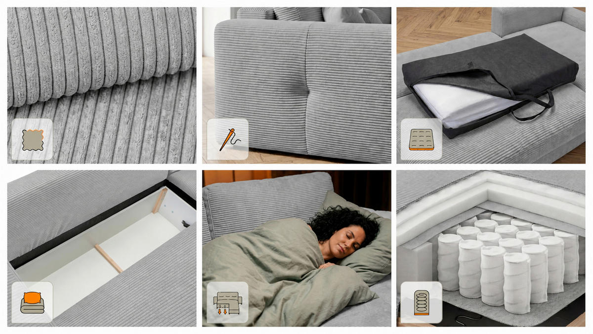 ECKSOFA Hellgrau Cord Zierkissen, Rückenkissen, Bettkasten, Topper  - Hellgrau/Schwarz, Basics, Holz/Textil (284/184cm) - MID.YOU