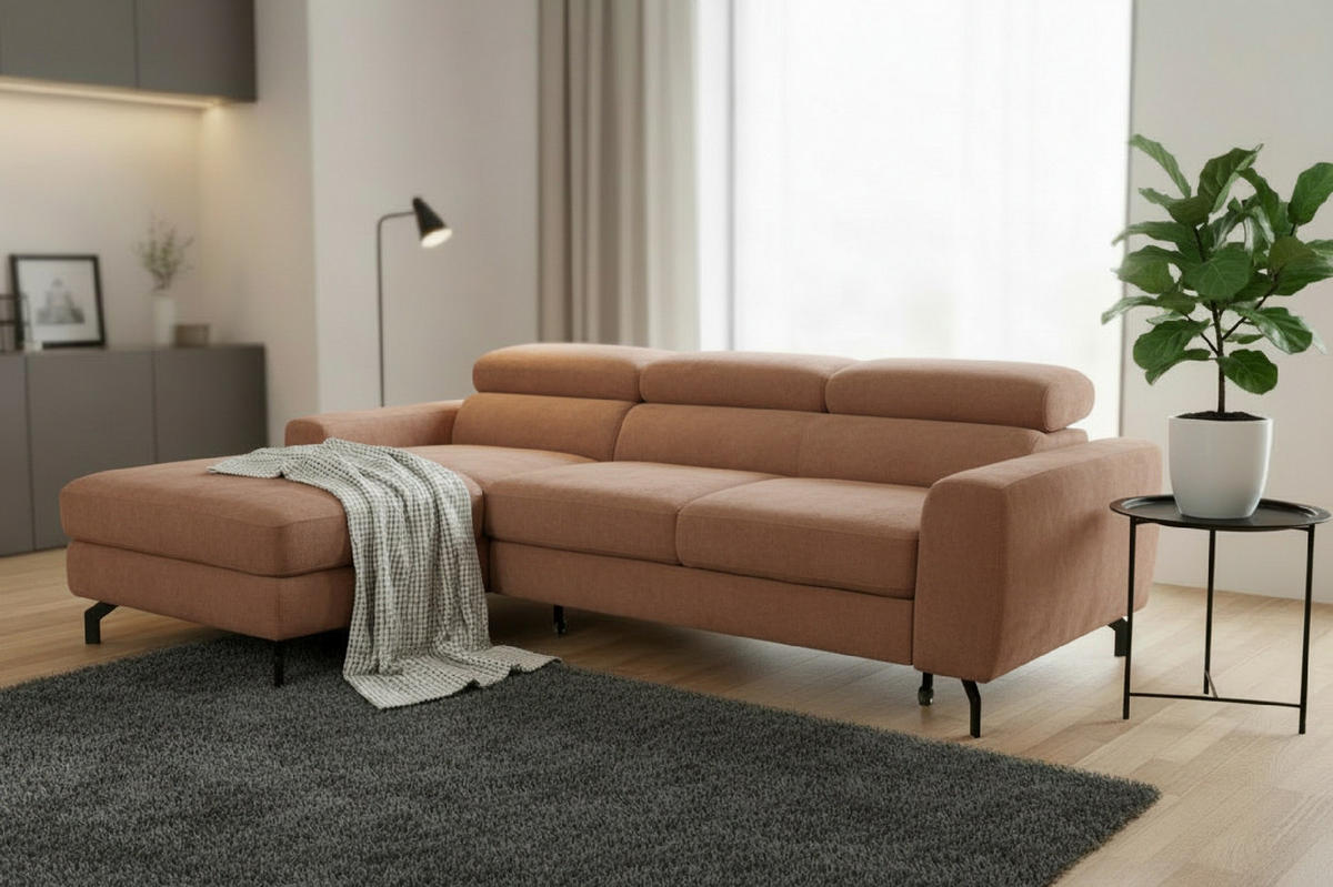 ECKSOFA Chenille Altrosa  - Schwarz/Altrosa, Design, Textil/Metall (177/226cm) - Livetastic