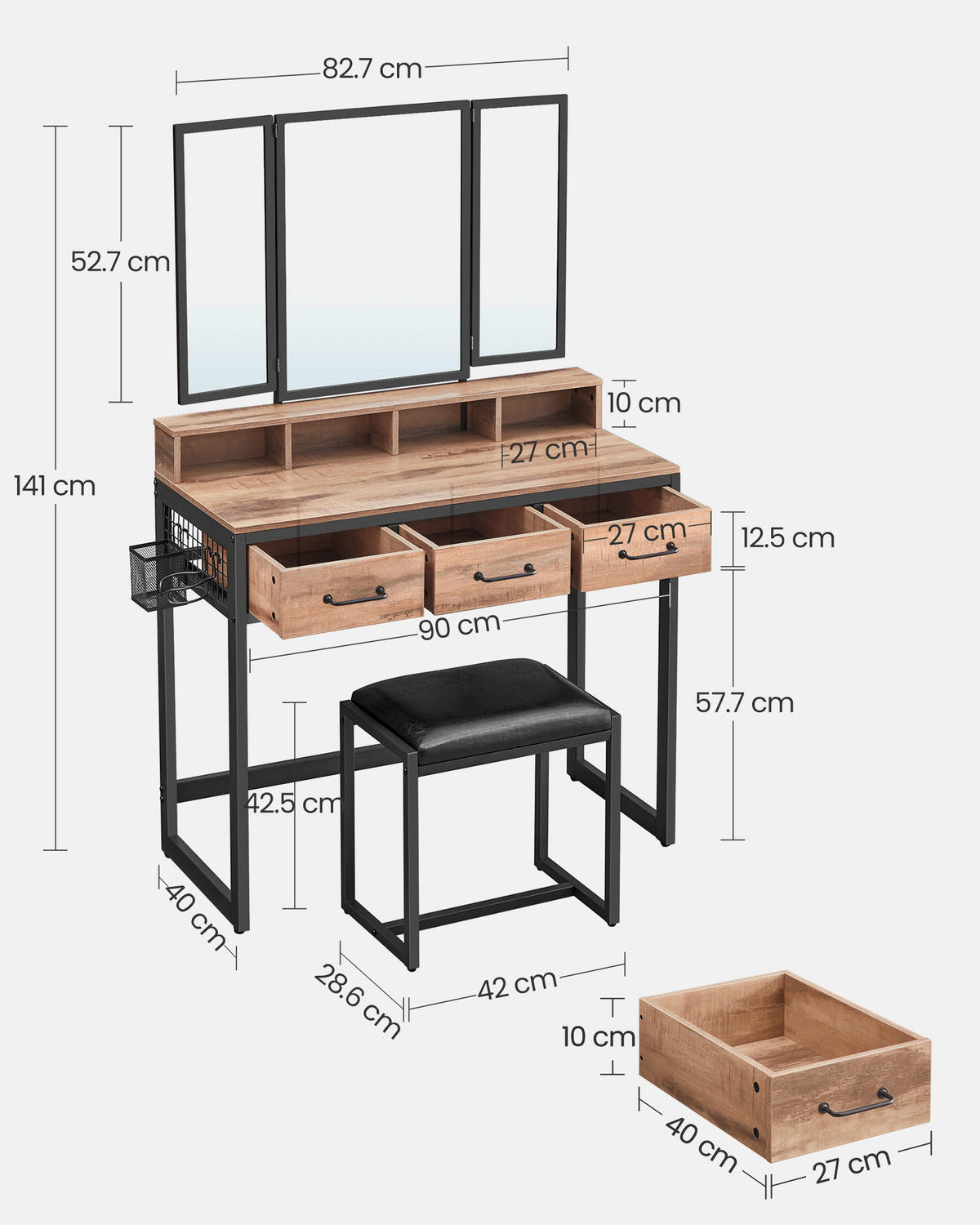 TOALETNÝ STOLÍK, čierna, farba duba, 90/40/141 cm - čierna/farba duba, Trend, kov/kompozitné drevo (90/40/141cm) - Boxxx