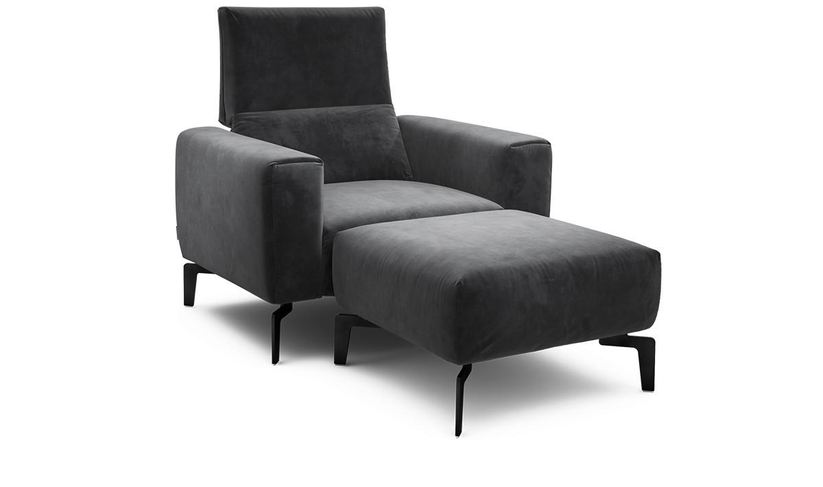Sessel inkl. Hocker in Samt Anthrazit  - Anthrazit/Schwarz, Design, Textil/Metall (110/85/86-94cm) - SENSOO