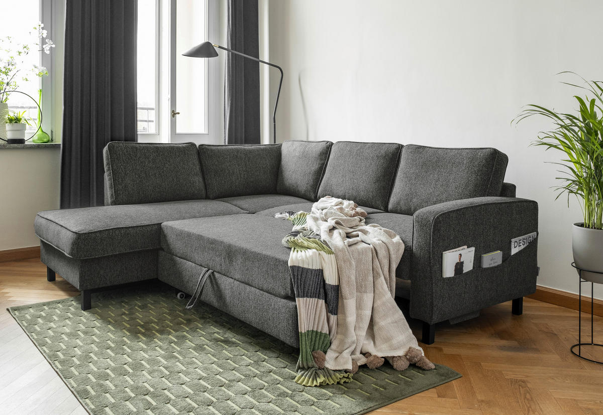 ROHOVÁ SEDAČKA, textil, tmavě šedá - černá/tmavě šedá, dřevo/textil (198/233cm)