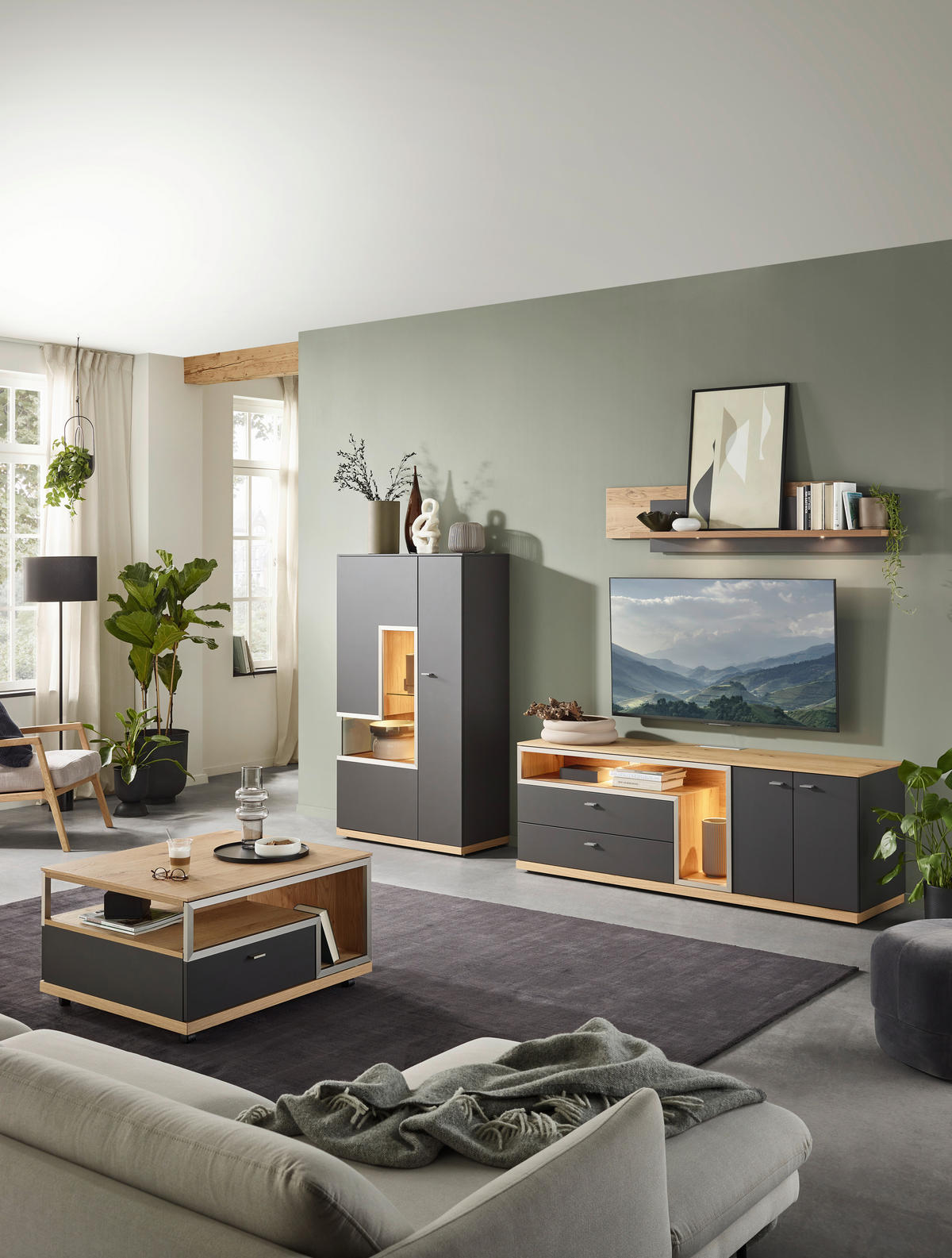 WOHNWAND 3-teilig  Grau, Eichefarben 290/161/52 cm  - Schieferfarben/Eichefarben, Design, Glas/Holz (290/161/52cm) - Dieter Knoll