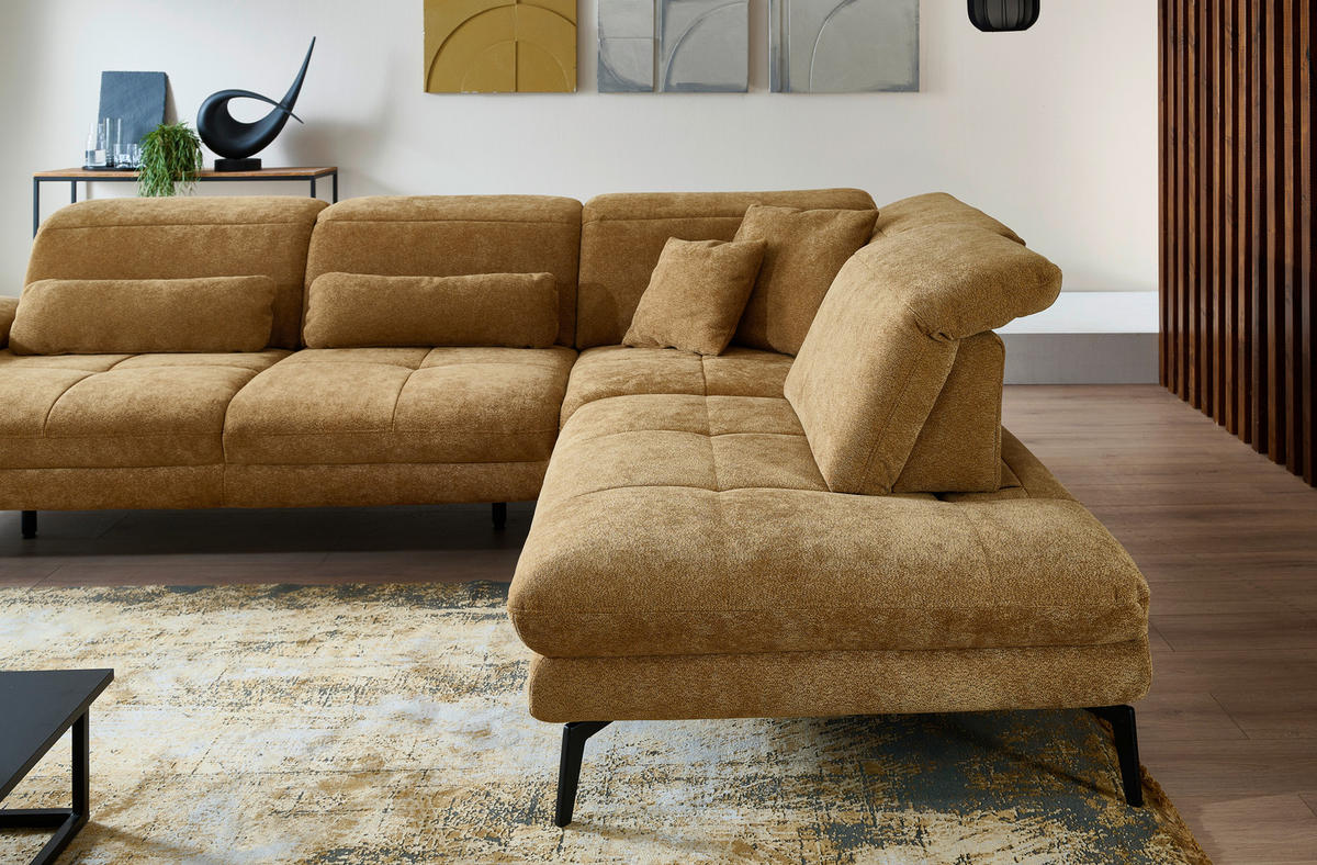 ECKSOFA Beldomo System Dunkelgelb Chenille Rücken echt, Kopfteilverstellung  - Dunkelgelb/Schwarz, Design, Textil/Metall (311/235cm) - Beldomo System