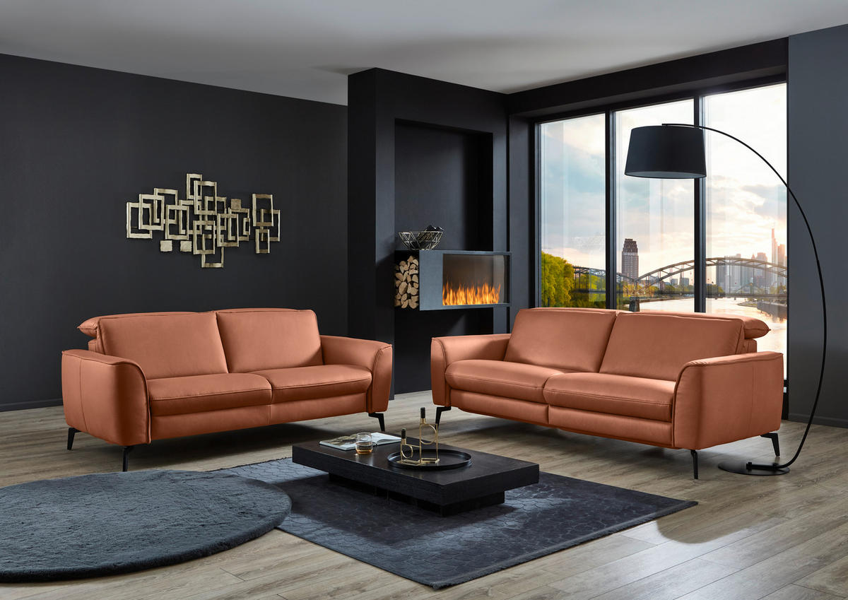 3-SITZER-SOFA in Echtleder Cognac  - Cognac/Schwarz, Natur, Leder/Metall (222/81/110cm) - Valdera